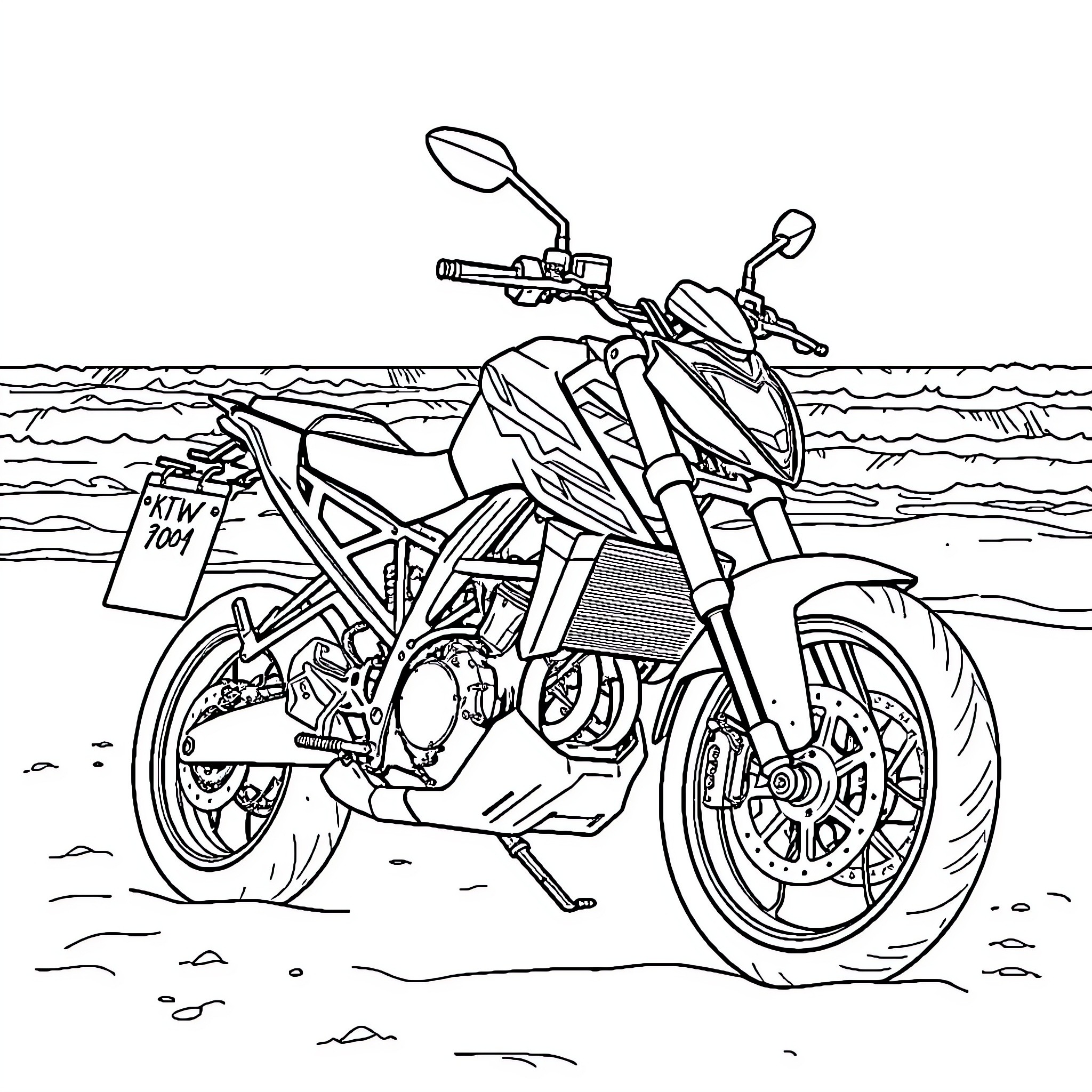 KTM Duke motorbike on the beach Coloring Page (free black-and-white line drawing printable PDF for all, from beginners to advanced learners, including children, teens, adults, and seniors)