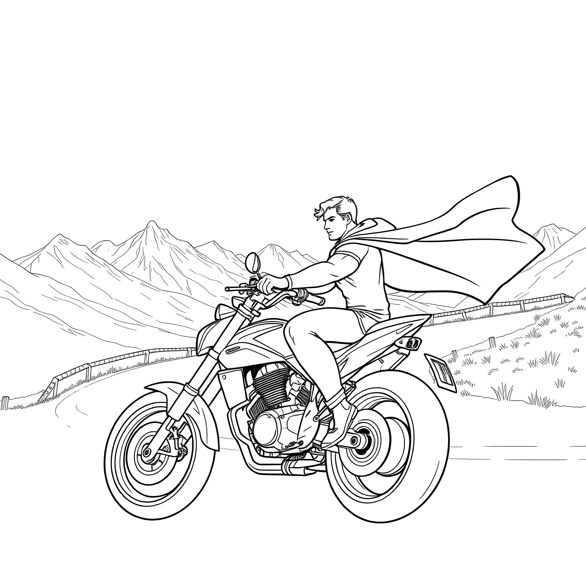 Superman riding a motorcycle through the mountains Coloring Page (free black-and-white line drawing printable PDF for all, from beginners to advanced learners, including children, teens, adults, and seniors)