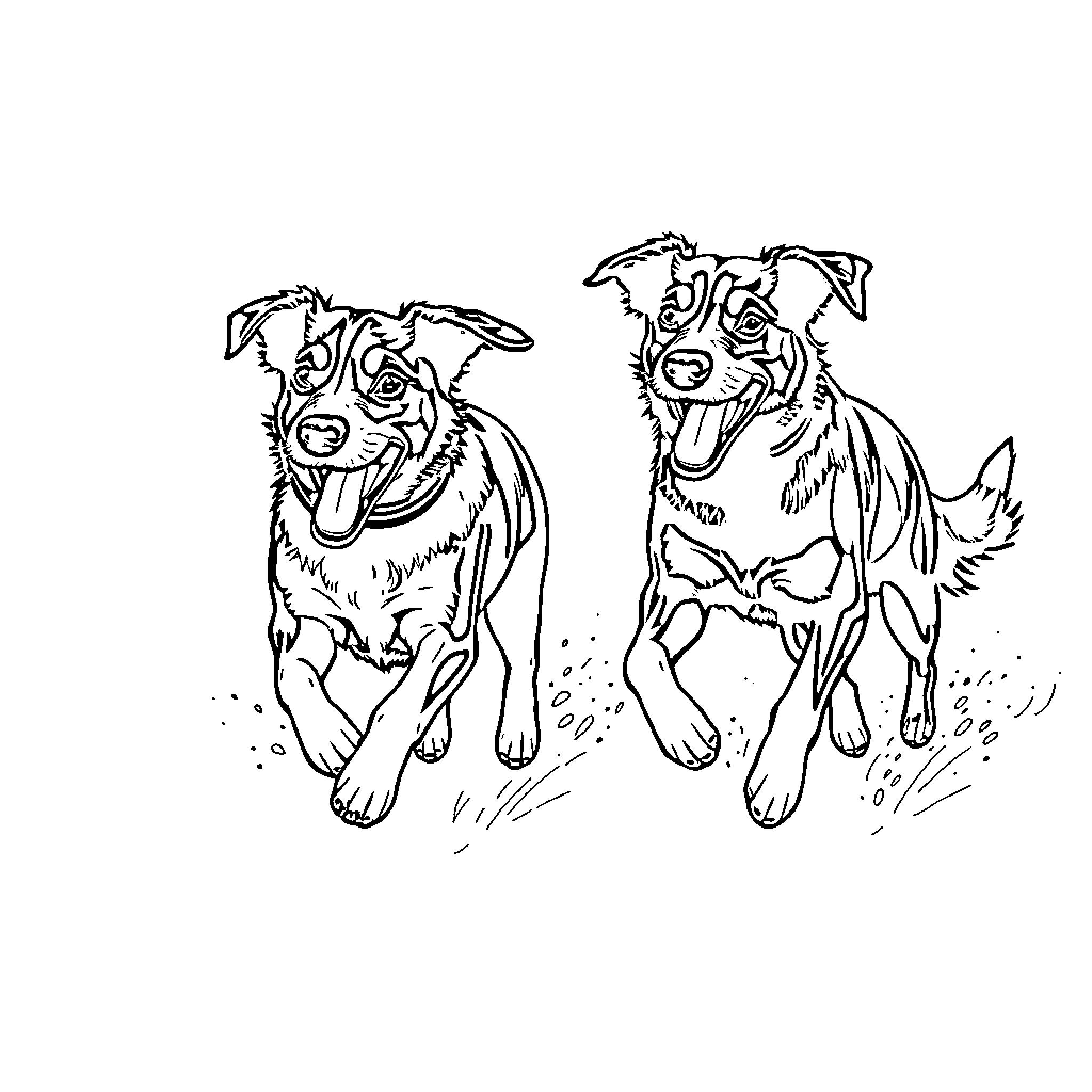 Dog companions playing joyfully outdoors Coloring Page (free black-and-white line drawing printable PDF for all, from beginners to advanced learners, including children, teens, adults, and seniors)