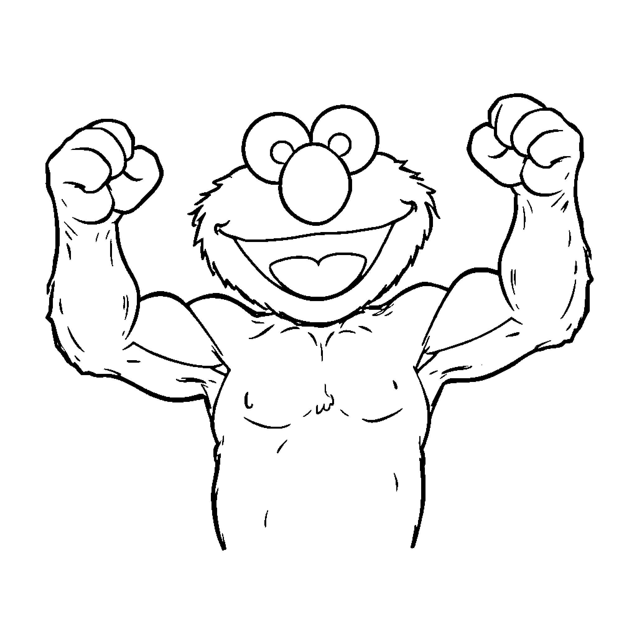 Elmo showing off his muscular physique Coloring Page (free black-and-white line drawing printable PDF for all, from beginners to advanced learners, including children, teens, adults, and seniors)