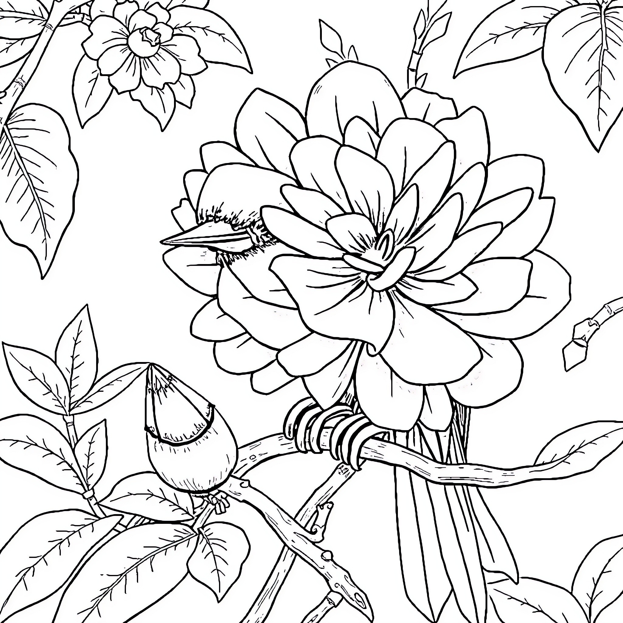Rabbit surrounded by blooming flowers and nature Coloring Page (free black-and-white line drawing printable PDF for all, from beginners to advanced learners, including children, teens, adults, and seniors)