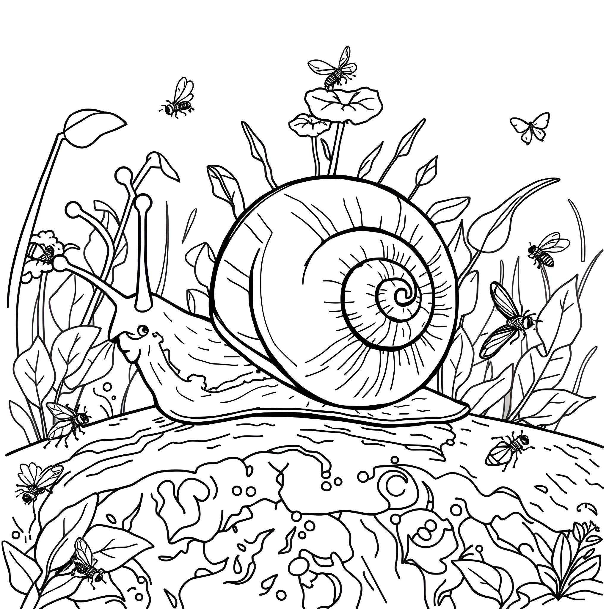Snail surrounded by whimsical garden elements Coloring Page (free black-and-white line drawing printable PDF for all, from beginners to advanced learners, including children, teens, adults, and seniors)