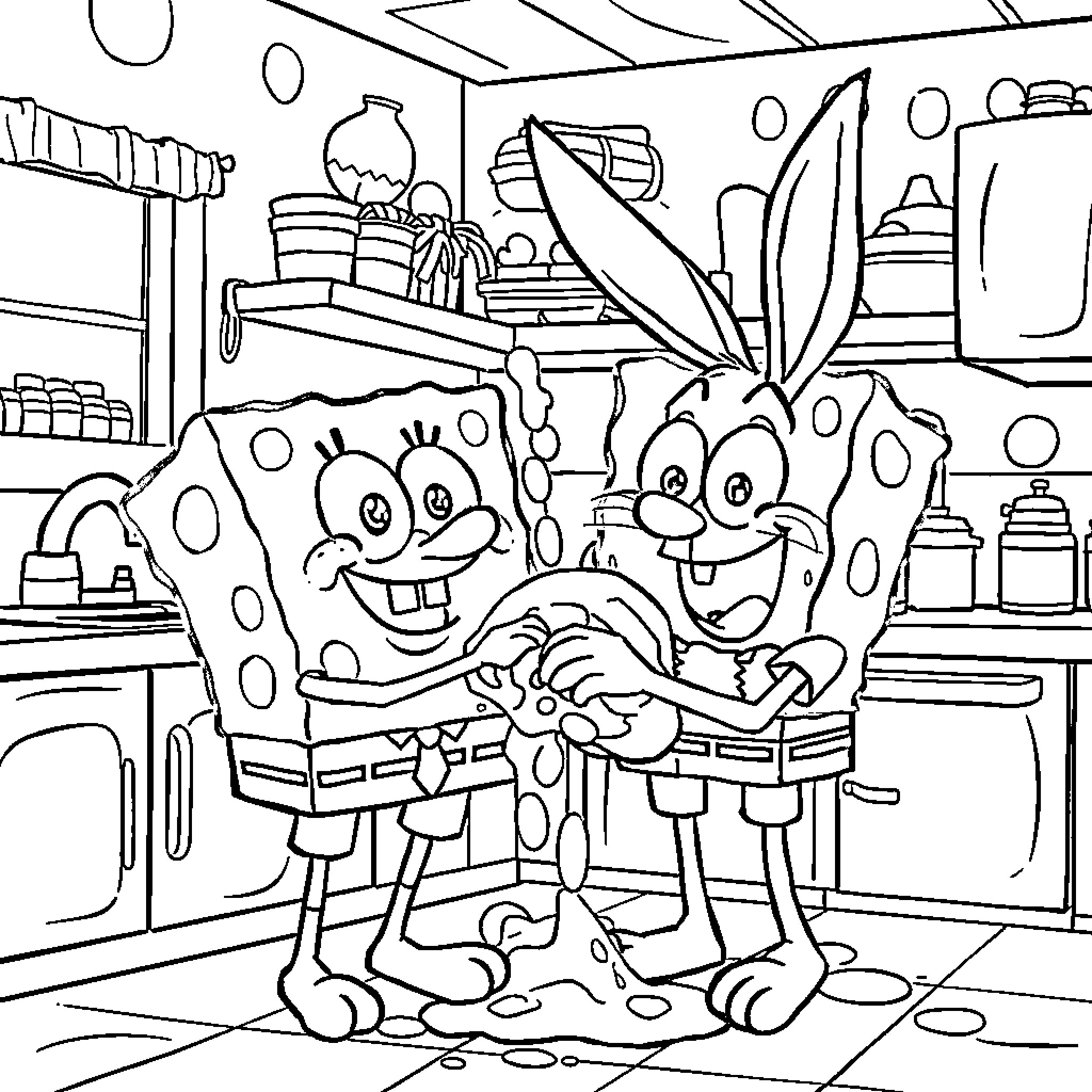 Spongebob and Patrick's Chaotic Kitchen Antics Coloring Page (free black-and-white line drawing printable PDF for all, from beginners to advanced learners, including children, teens, adults, and seniors)