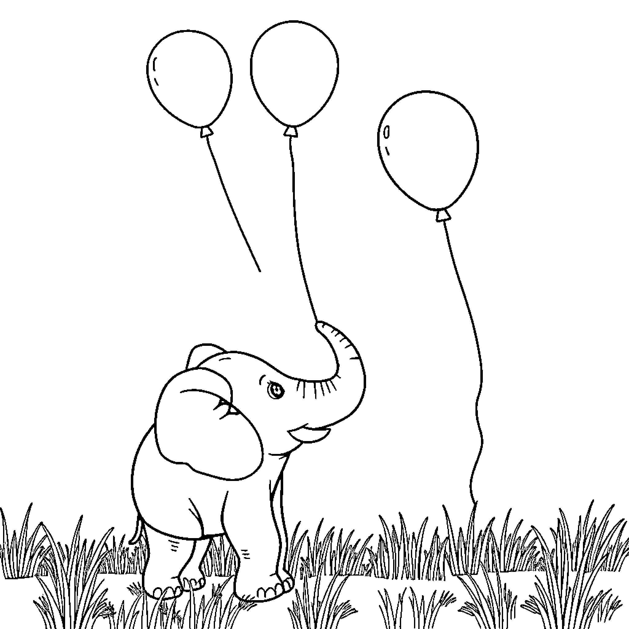 Elephant holding balloons in the grass Coloring Page (free black-and-white line drawing printable PDF for all, from beginners to advanced learners, including children, teens, adults, and seniors)
