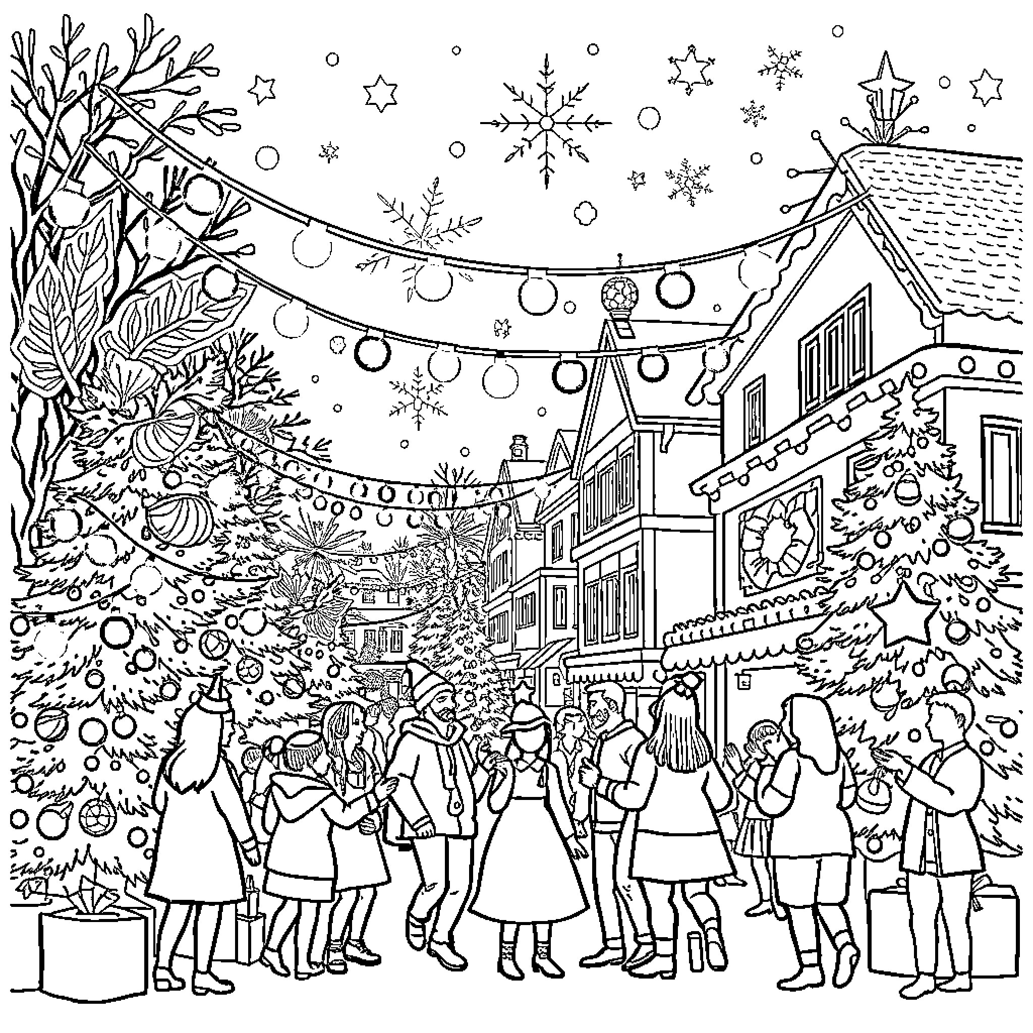 Christmas celebrations in a festive town Coloring Page (free black-and-white line drawing printable PDF for all, from beginners to advanced learners, including children, teens, adults, and seniors)