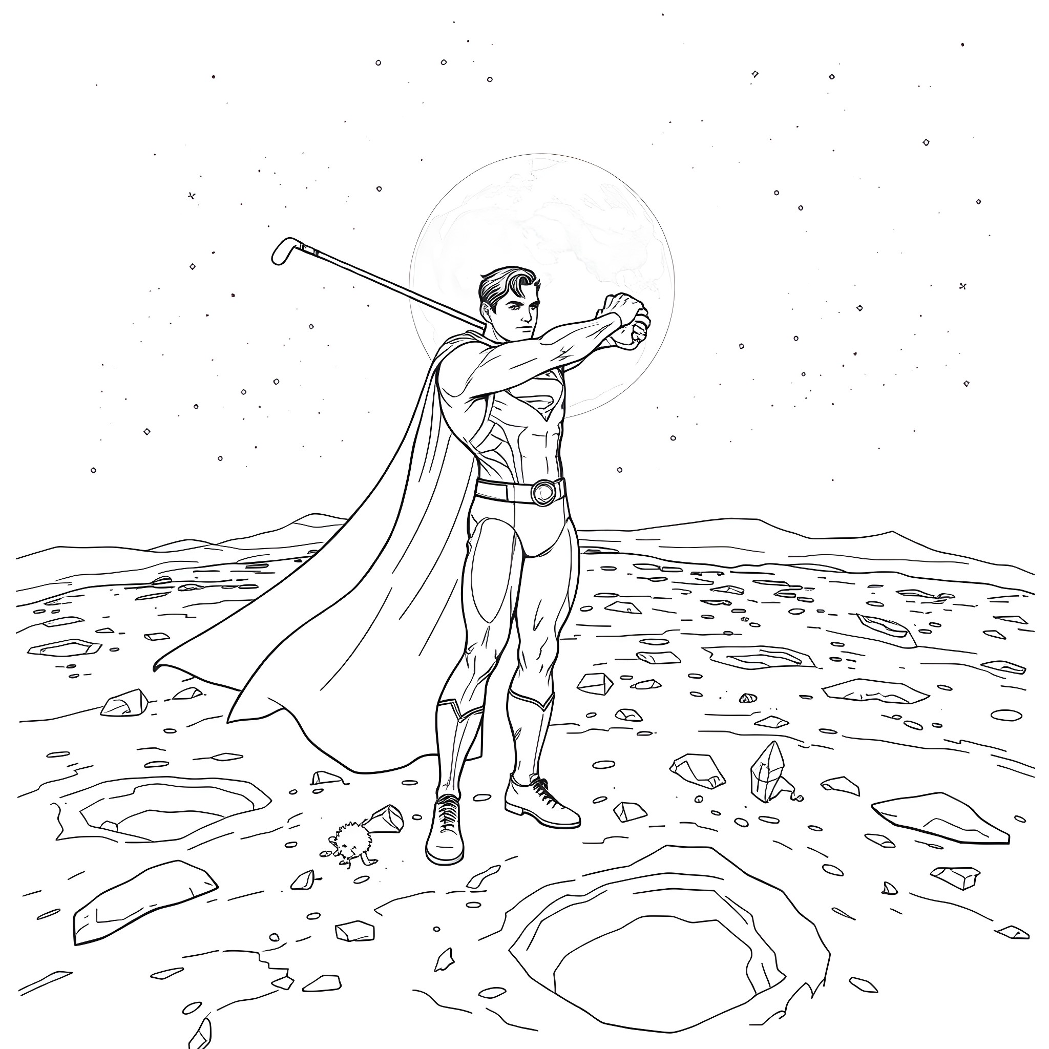Superman standing heroically in a cosmic landscape Coloring Page (free black-and-white line drawing printable PDF for all, from beginners to advanced learners, including children, teens, adults, and seniors)