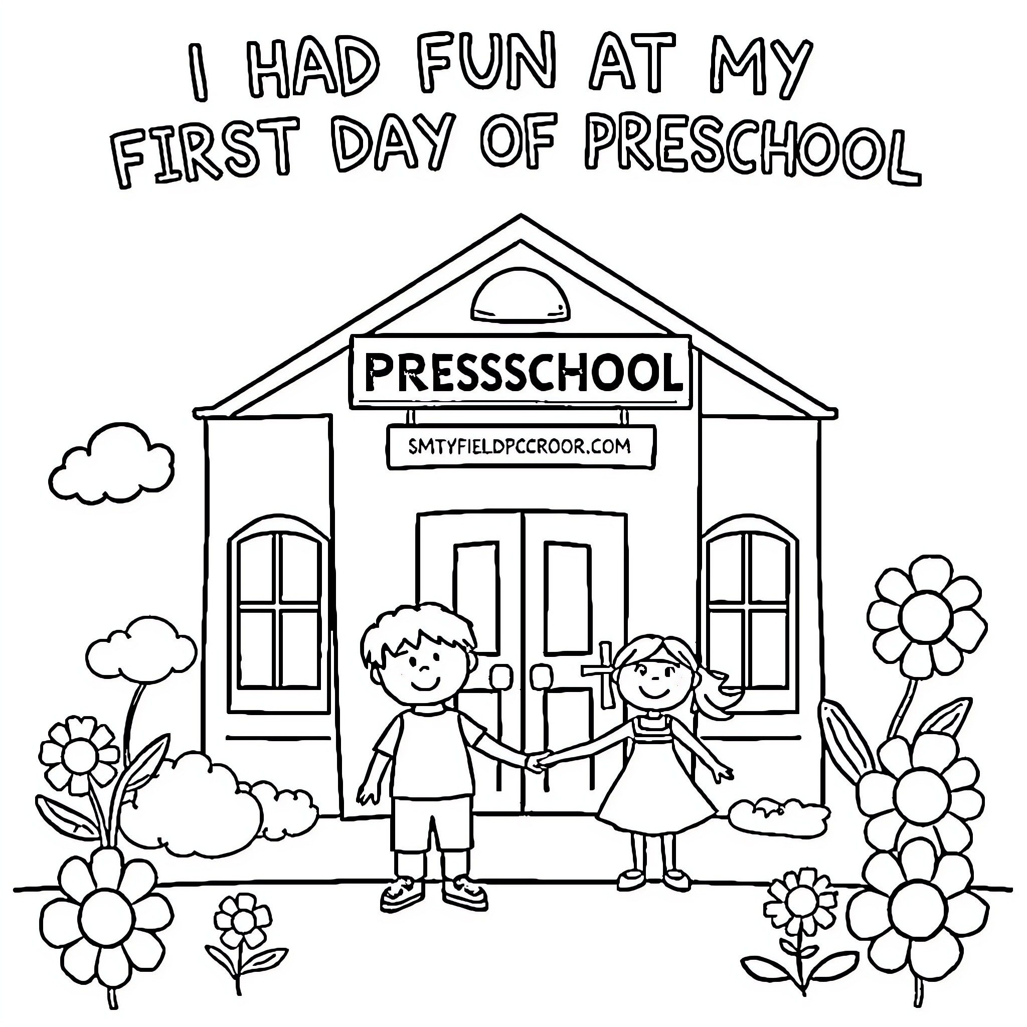 Preschool students enjoying their first day at school Coloring Page (free black-and-white line drawing printable PDF for all, from beginners to advanced learners, including children, teens, adults, and seniors)