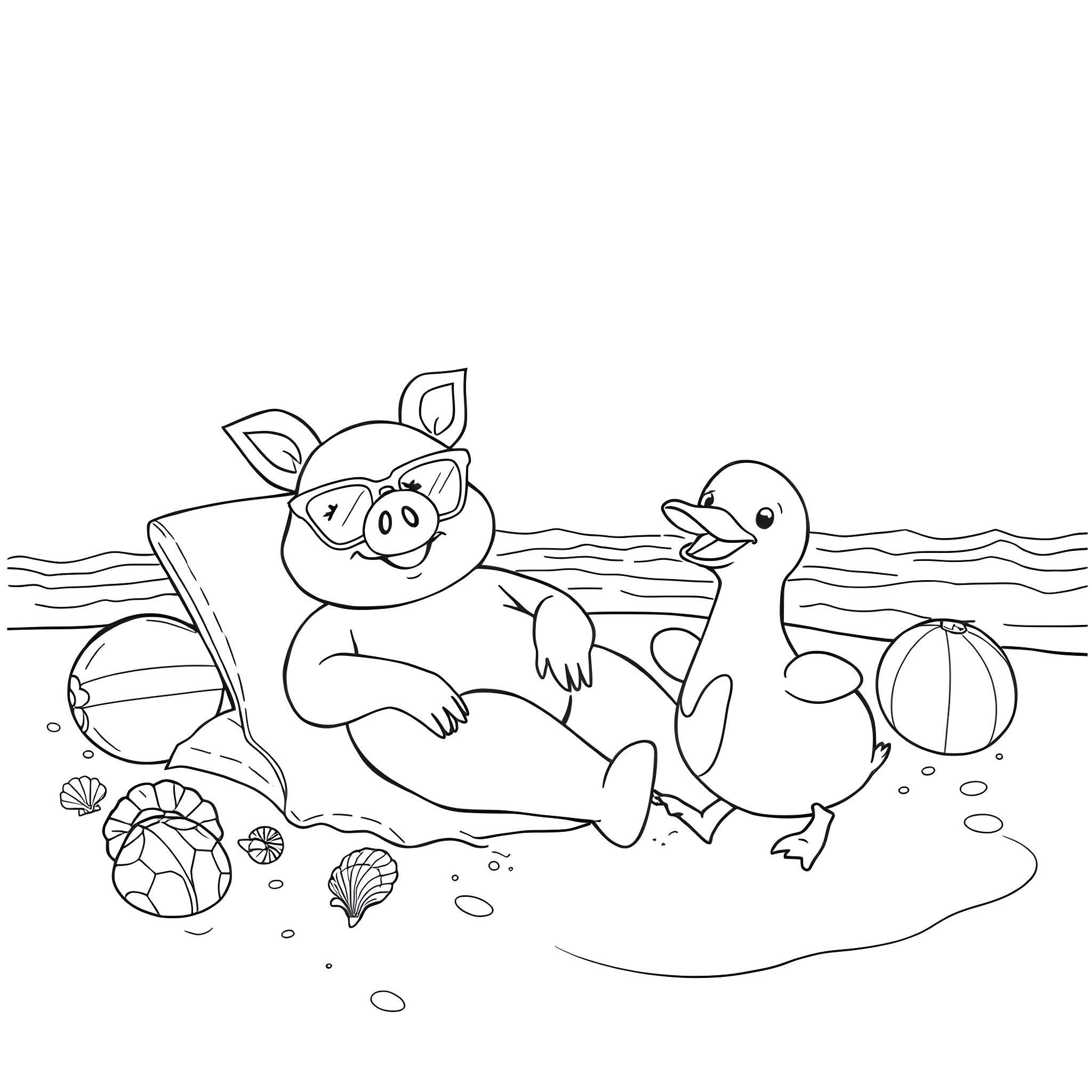 Pig relaxing on the beach with duck Coloring Page (free black-and-white line drawing printable PDF for all, from beginners to advanced learners, including children, teens, adults, and seniors)