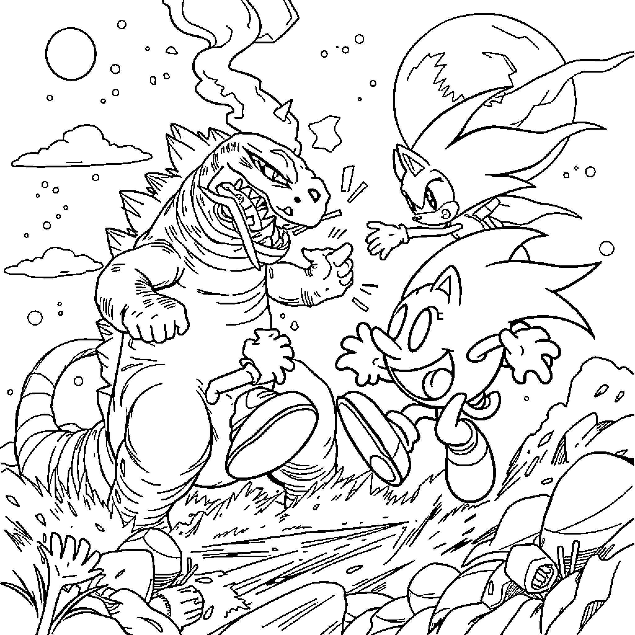 Pac-Man characters in an action-packed scene Coloring Page (free black-and-white line drawing printable PDF for all, from beginners to advanced learners, including children, teens, adults, and seniors)