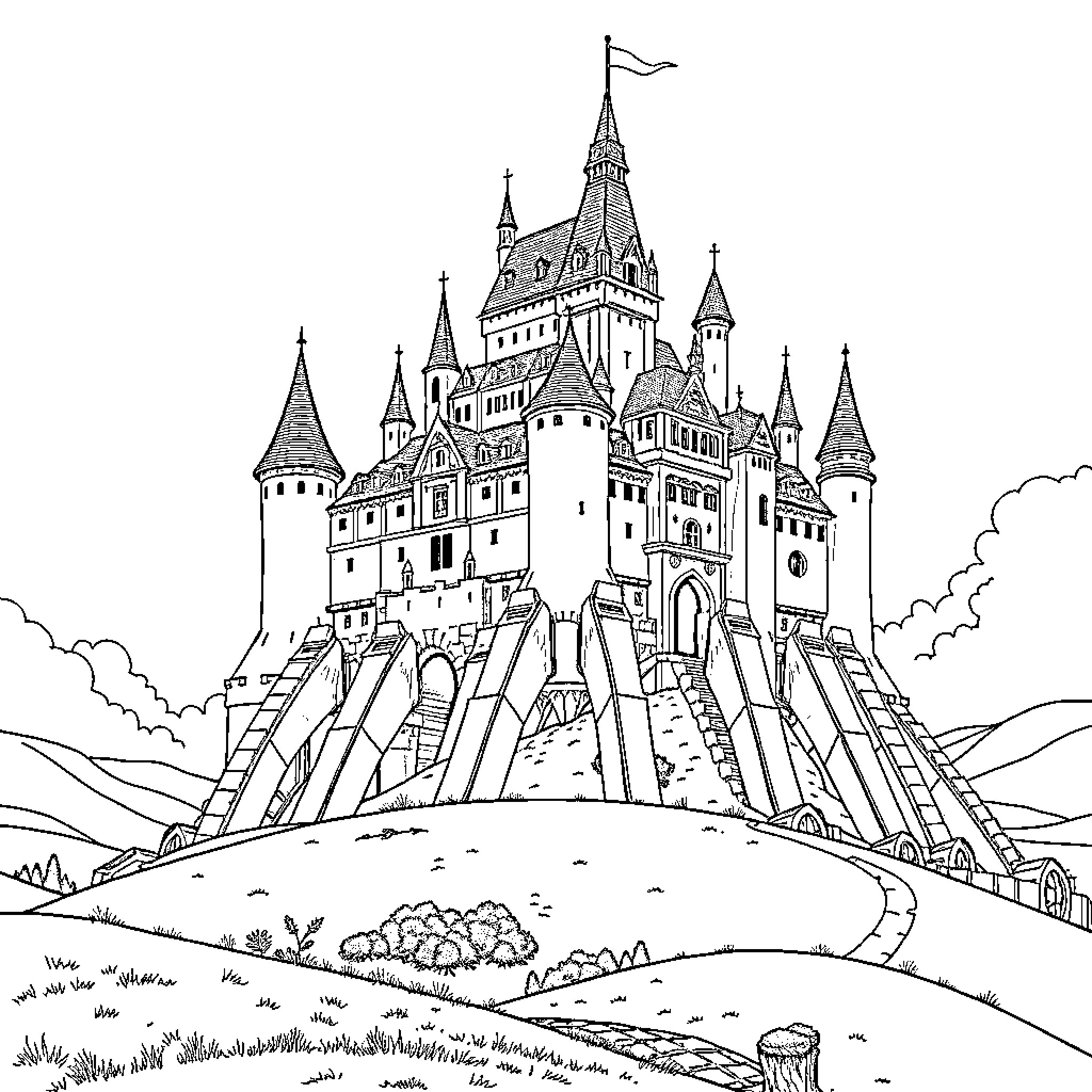 Howl Through the Enchanted Castle Towers Coloring Page (free black-and-white line drawing printable PDF for all, from beginners to advanced learners, including children, teens, adults, and seniors)