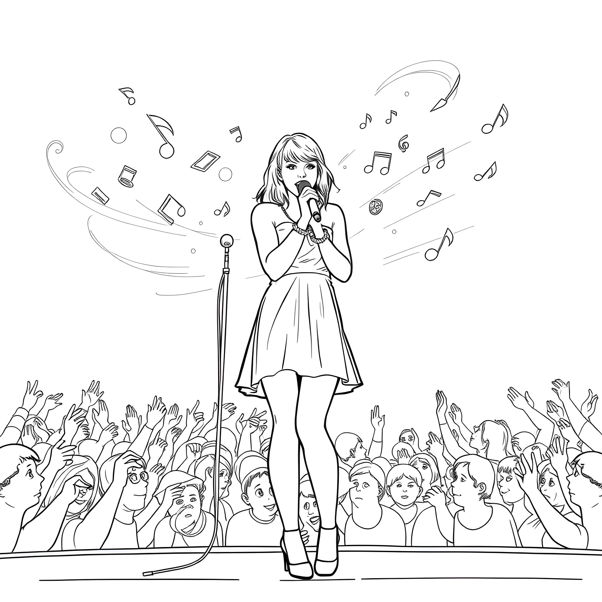 Taylor Swift Performing on Stage with Crowd Coloring Page (free black-and-white line drawing printable PDF for all, from beginners to advanced learners, including children, teens, adults, and seniors)