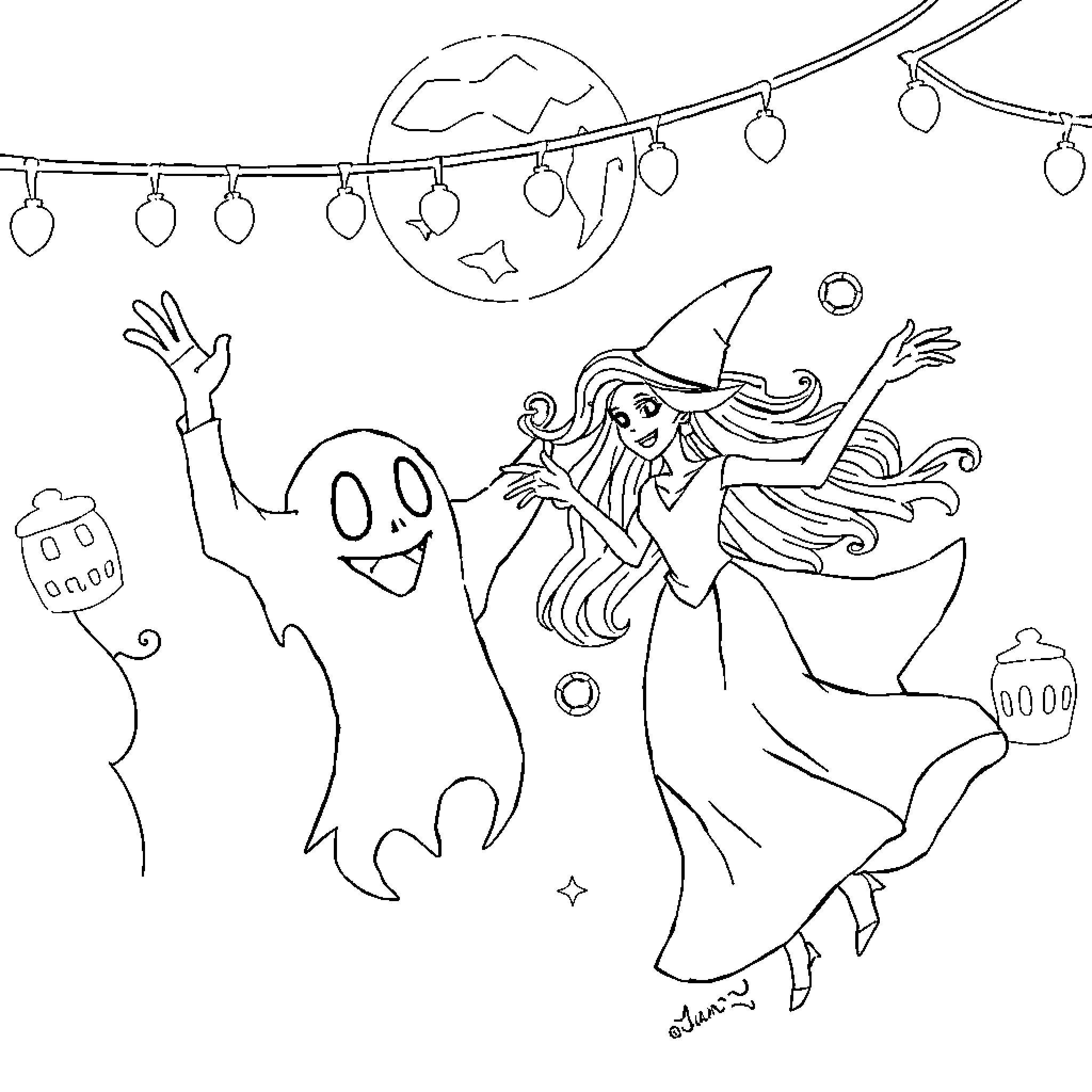 Ghost Witch Celebrating Halloween Party Coloring Page (free black-and-white line drawing printable PDF for all, from beginners to advanced learners, including children, teens, adults, and seniors)
