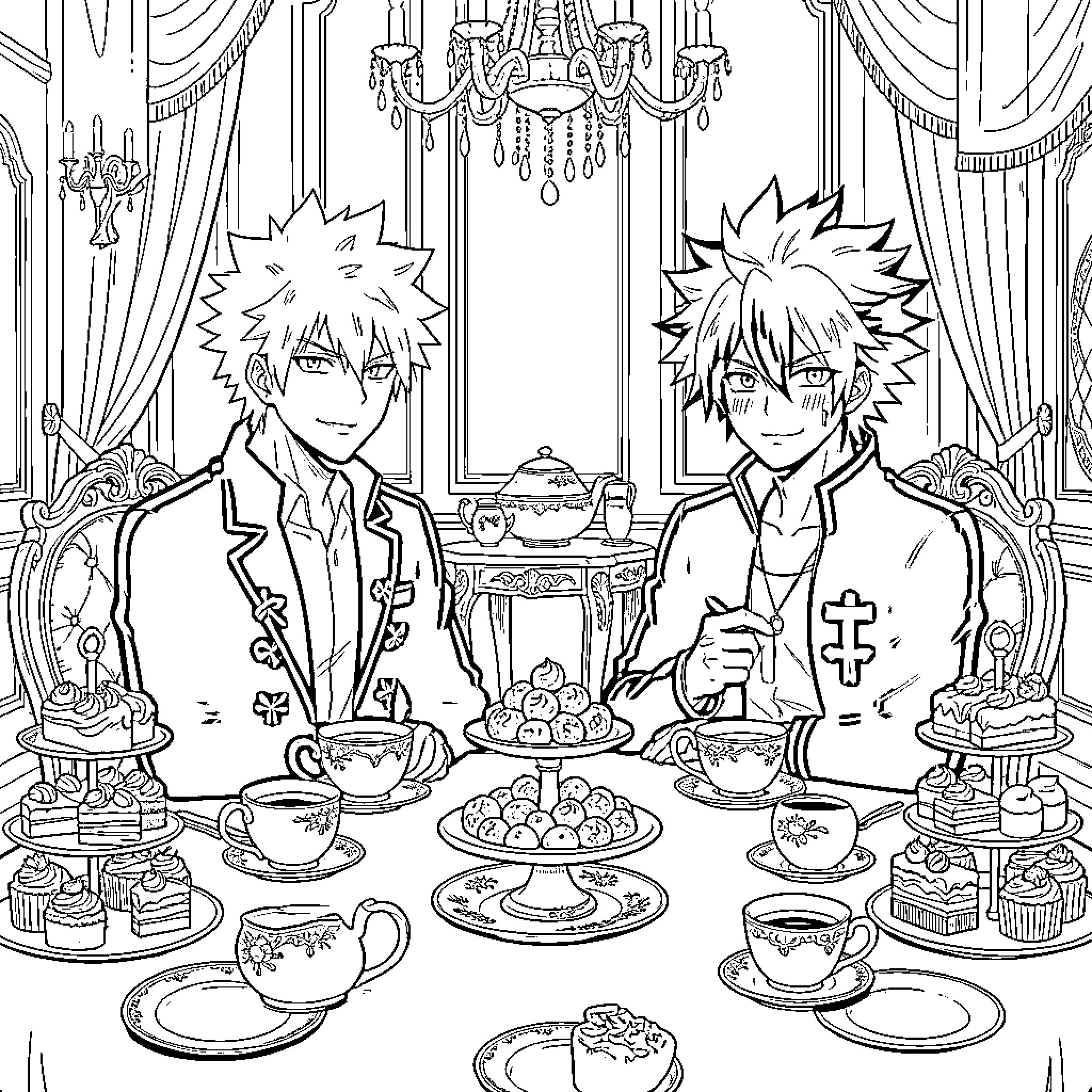 Gojo Enjoying a Formal Teatime with Friends Coloring Page (free black-and-white line drawing printable PDF for all, from beginners to advanced learners, including children, teens, adults, and seniors)