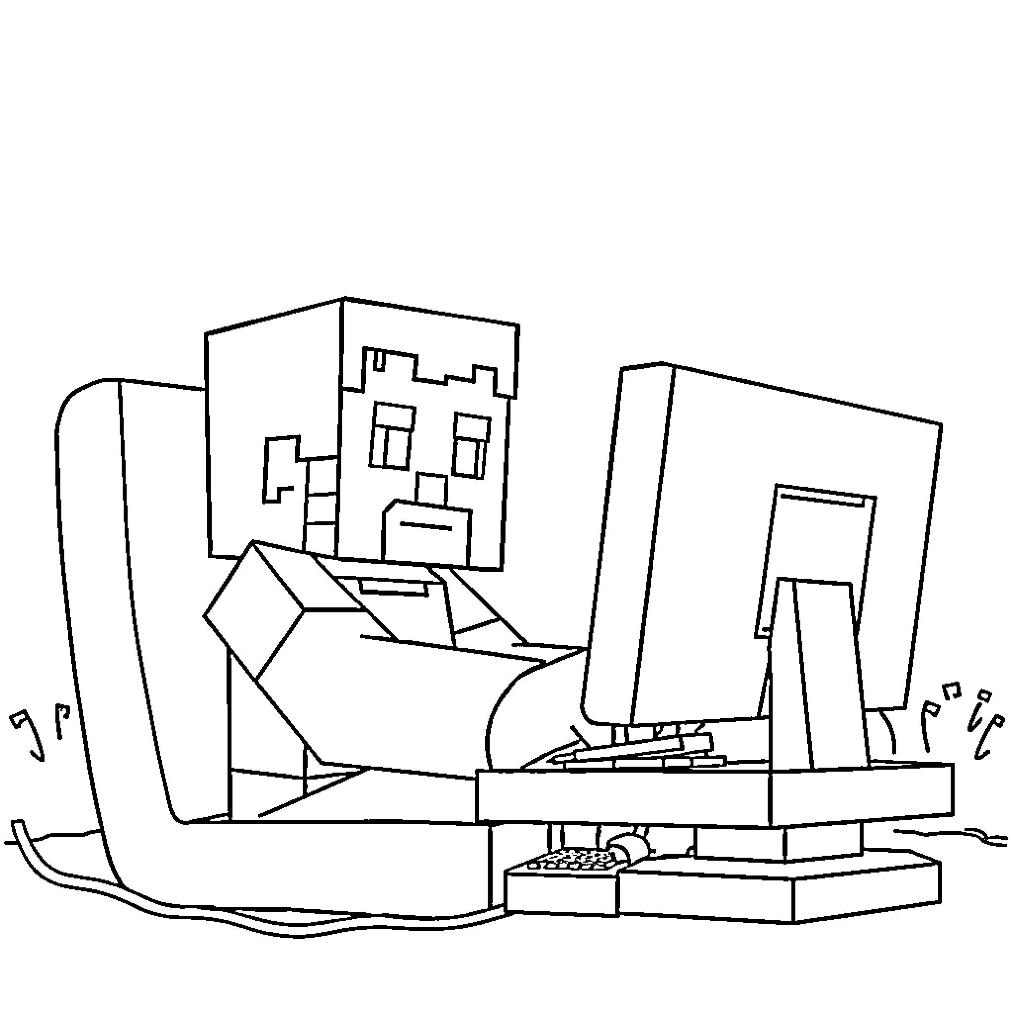 Steve's futuristic city skyline in black and white Coloring Page (free black-and-white line drawing printable PDF for all, from beginners to advanced learners, including children, teens, adults, and seniors)