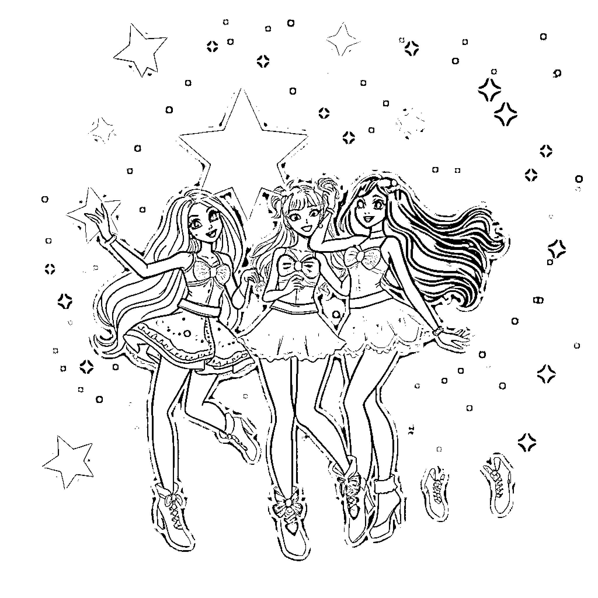 Lolirock: Magical Girls Performing on Stage Coloring Page (free black-and-white line drawing printable PDF for all, from beginners to advanced learners, including children, teens, adults, and seniors)