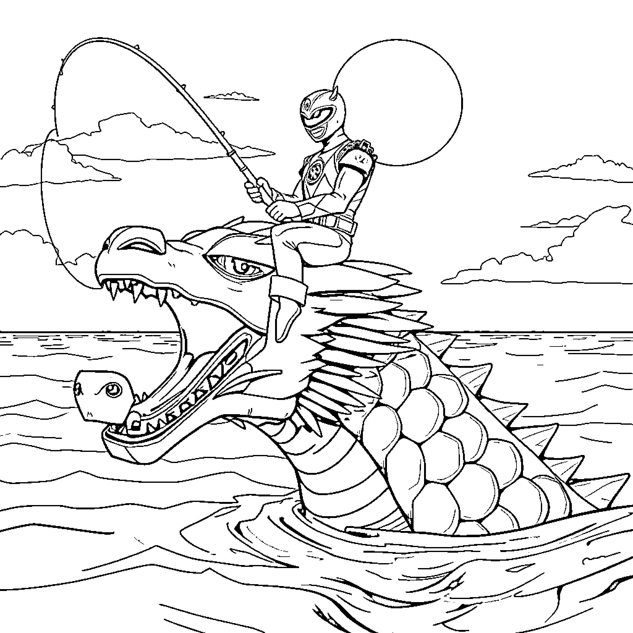 Power Ranger riding a fearsome dragon-like creature Coloring Page (free black-and-white line drawing printable PDF for all, from beginners to advanced learners, including children, teens, adults, and seniors)