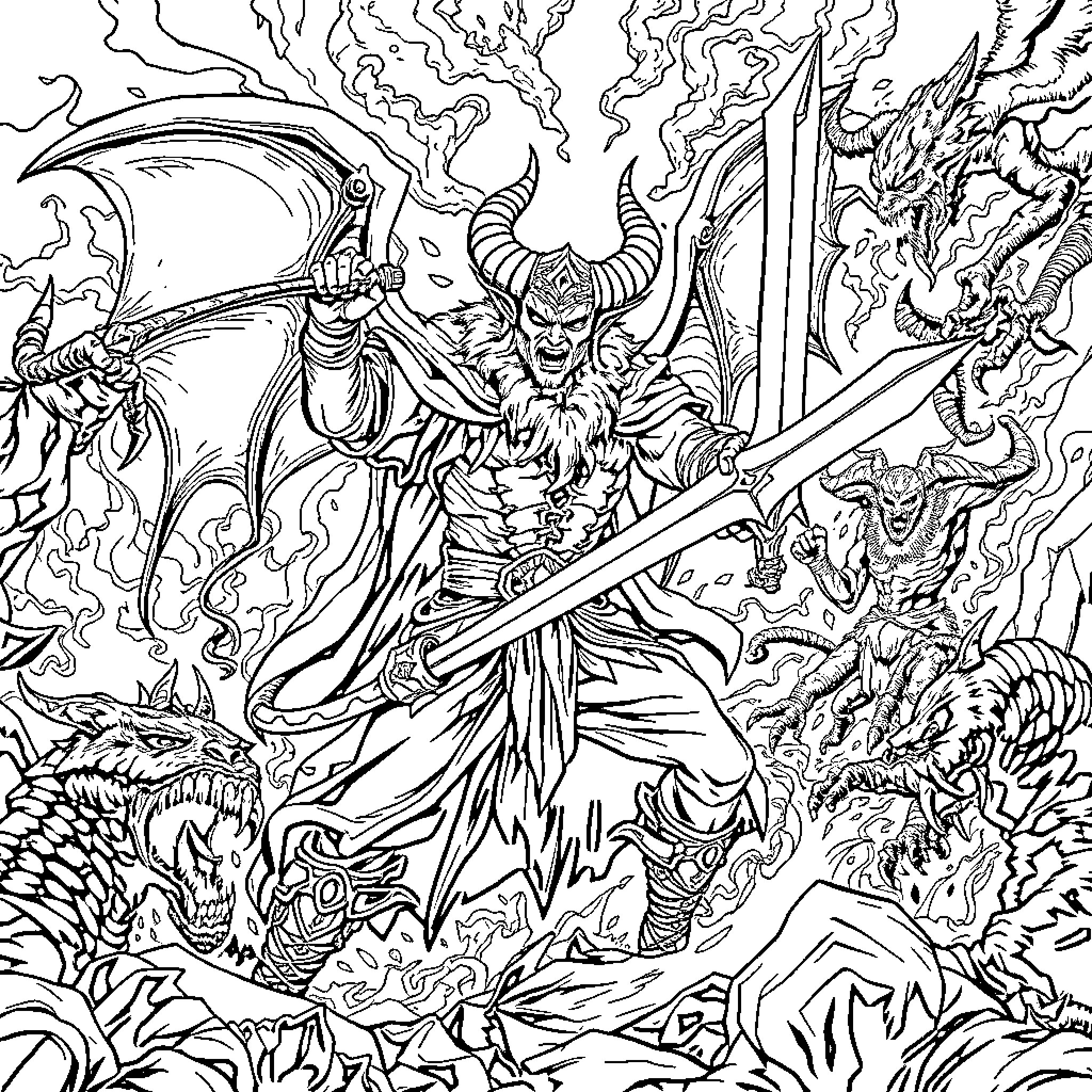 Demon Slayer: Warrior Wielding Blade Amid Chaos Coloring Page (free black-and-white line drawing printable PDF for all, from beginners to advanced learners, including children, teens, adults, and seniors)