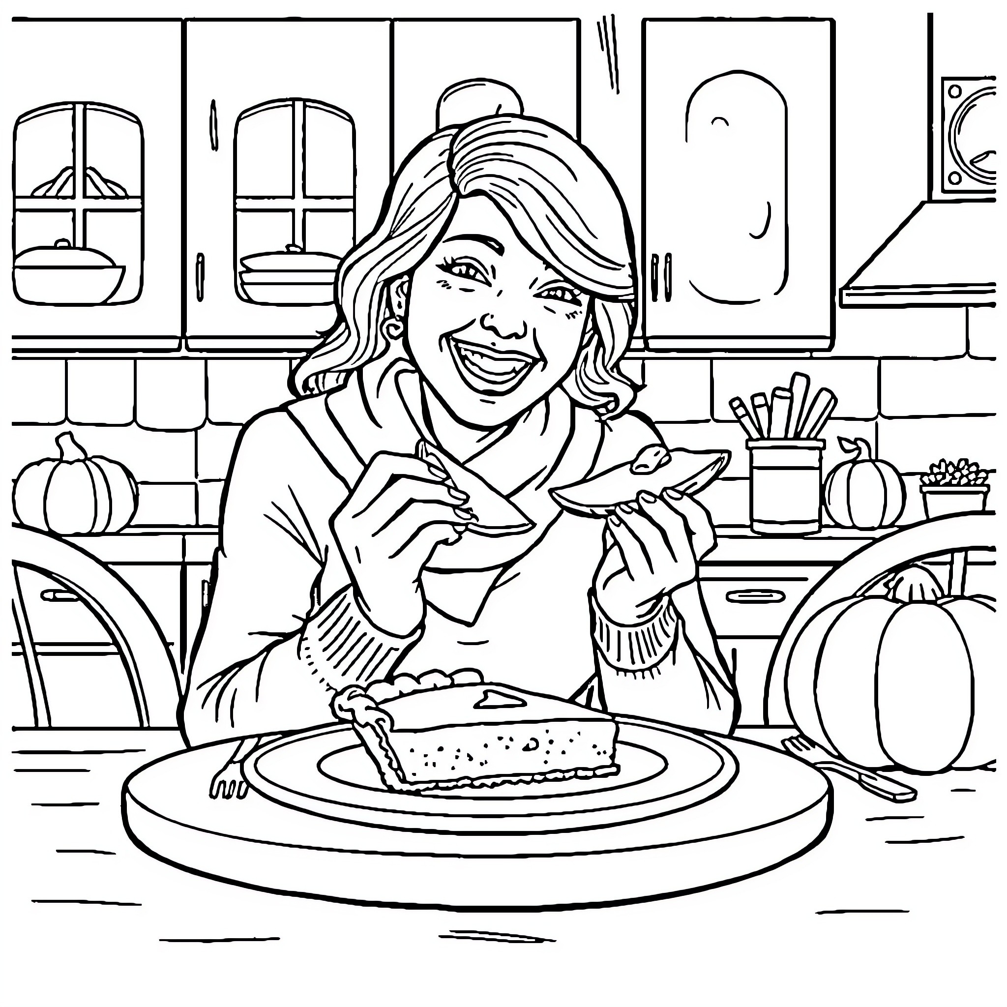 Mother enjoying home-cooked meal in her kitchen Coloring Page (free black-and-white line drawing printable PDF for all, from beginners to advanced learners, including children, teens, adults, and seniors)