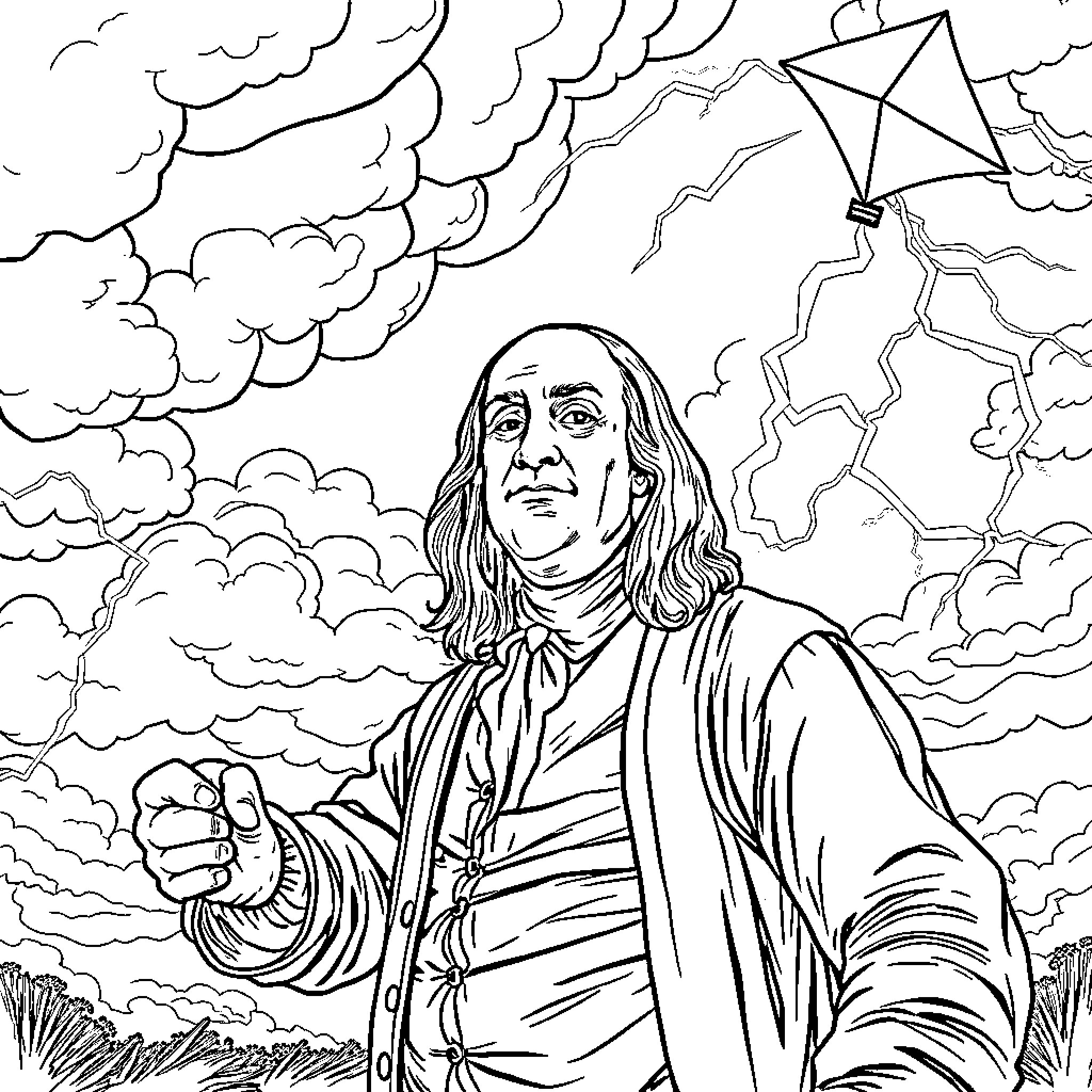 Benjamin Franklin Harnessing the Power of Electricity Coloring Page (free black-and-white line drawing printable PDF for all, from beginners to advanced learners, including children, teens, adults, and seniors)