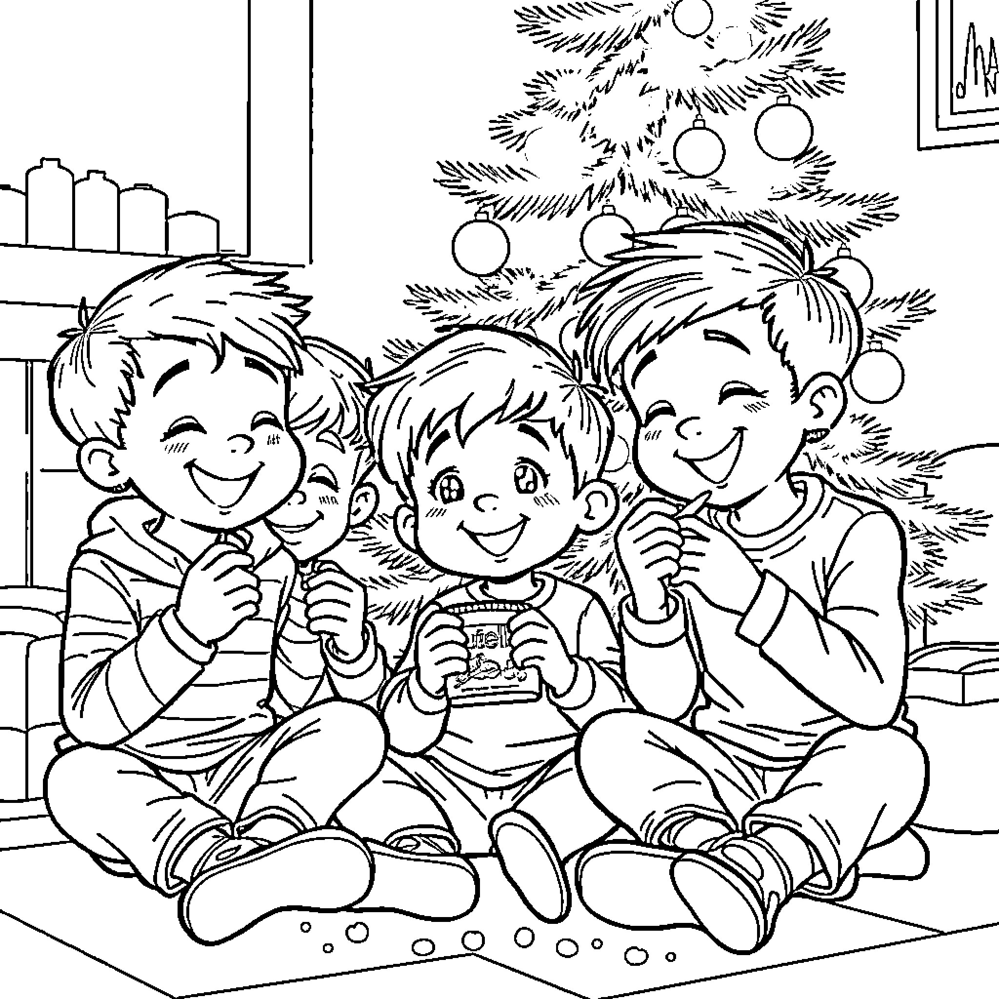 Kid Friends Enjoying Christmas Treats Near Tree Coloring Page (free black-and-white line drawing printable PDF for all, from beginners to advanced learners, including children, teens, adults, and seniors)