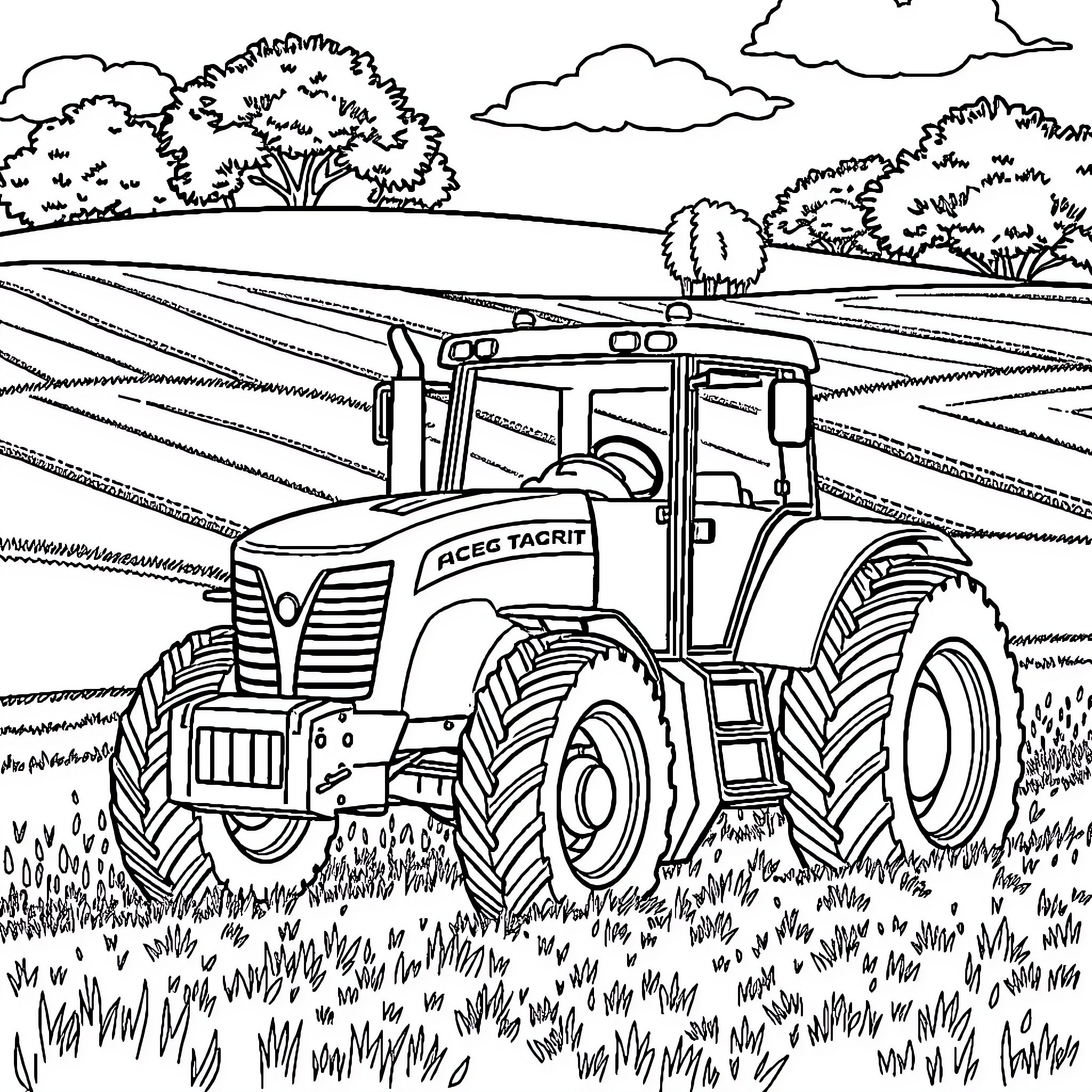 Tractor plowing the fields on a sunny day Coloring Page (free black-and-white line drawing printable PDF for all, from beginners to advanced learners, including children, teens, adults, and seniors)