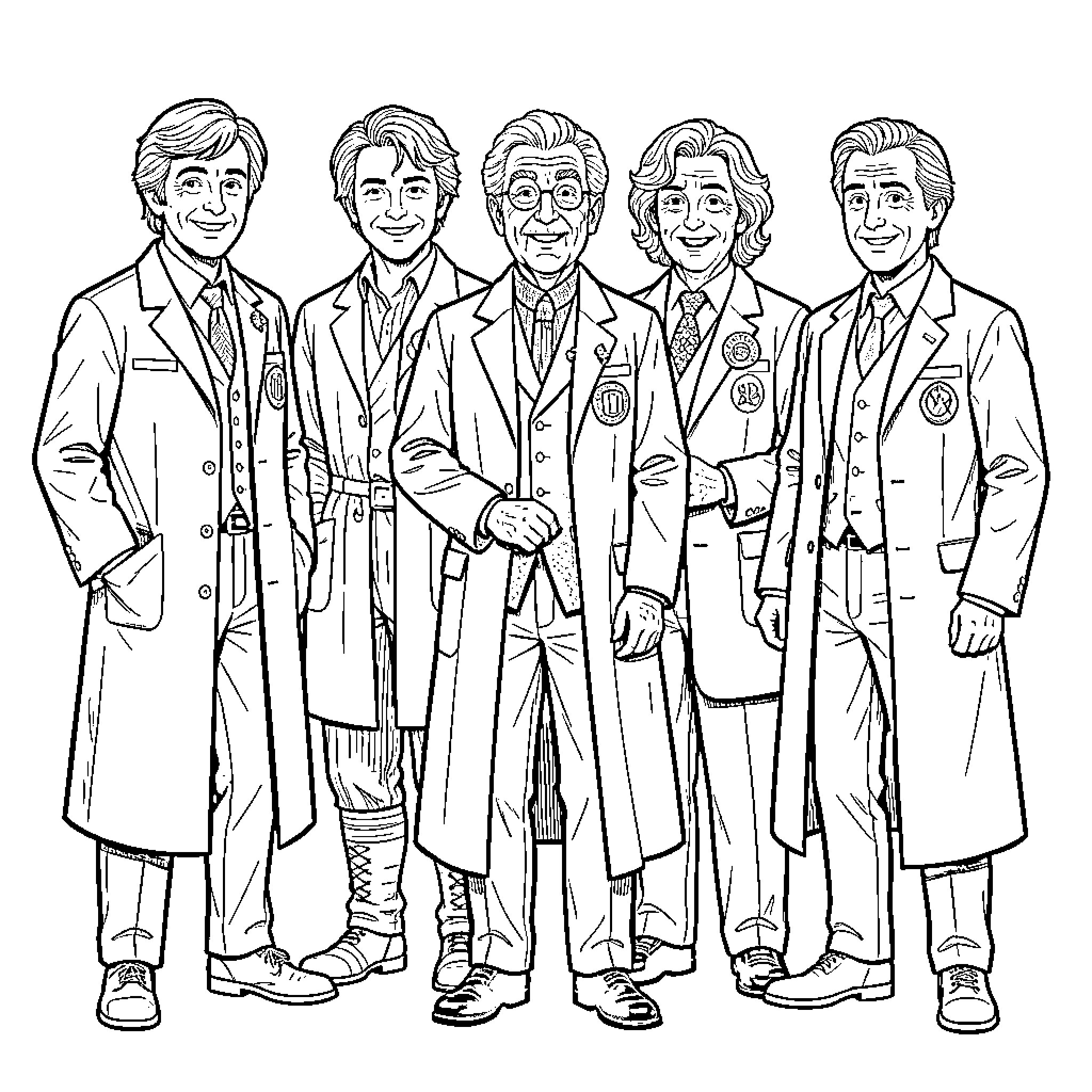 Doctor Who incarnations standing together in long coats Coloring Page (free black-and-white line drawing printable PDF for all, from beginners to advanced learners, including children, teens, adults, and seniors)