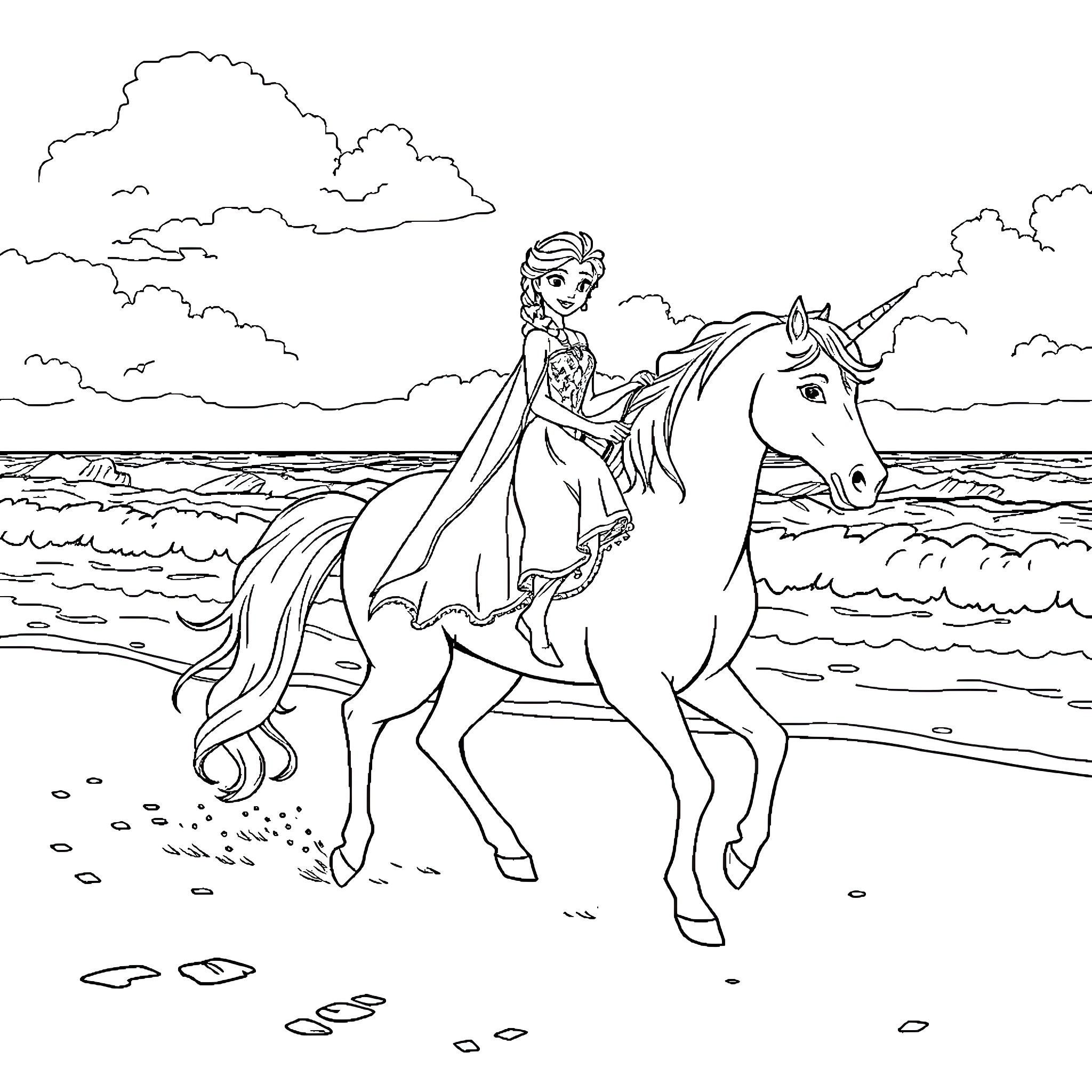 Elsa riding majestic unicorn along the seashore Coloring Page (free black-and-white line drawing printable PDF for all, from beginners to advanced learners, including children, teens, adults, and seniors)