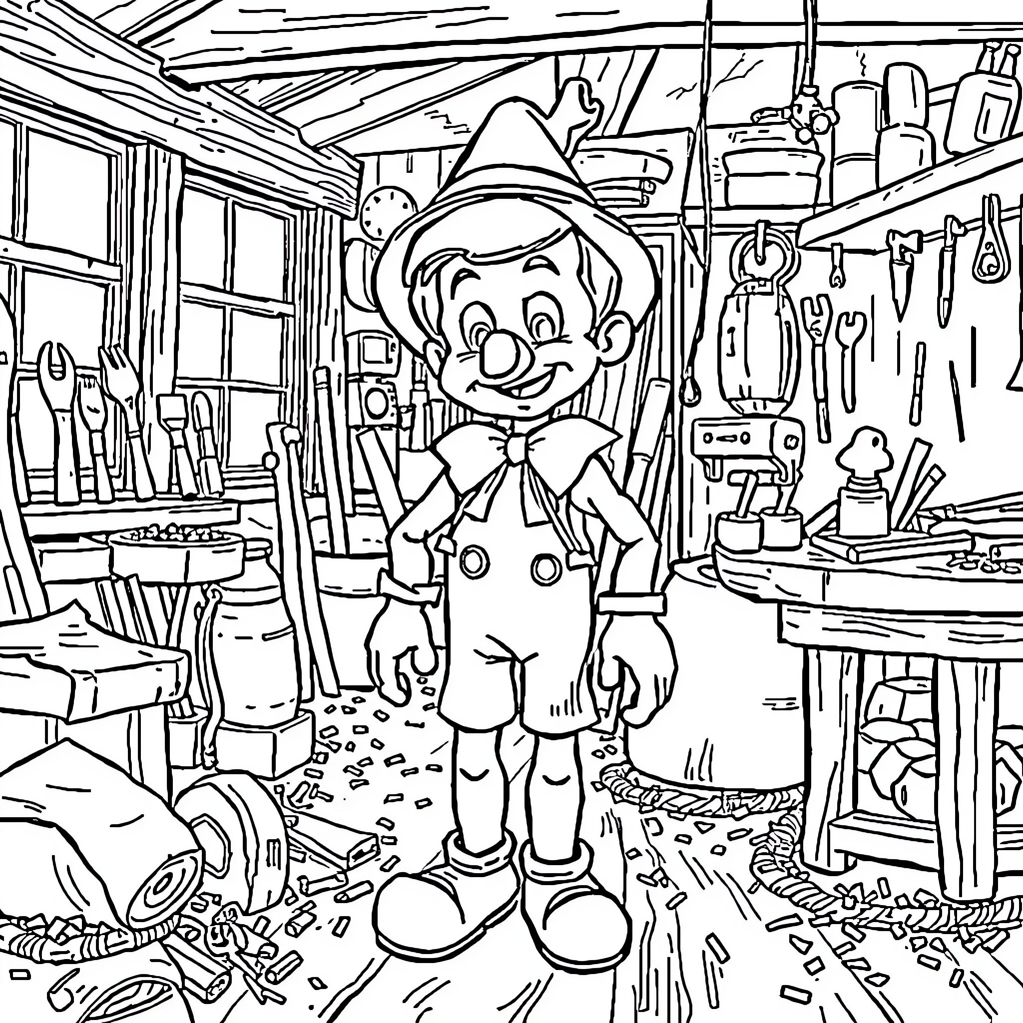 Pinocchio's Messy Workshop Adventure Coloring Page (free black-and-white line drawing printable PDF for all, from beginners to advanced learners, including children, teens, adults, and seniors)