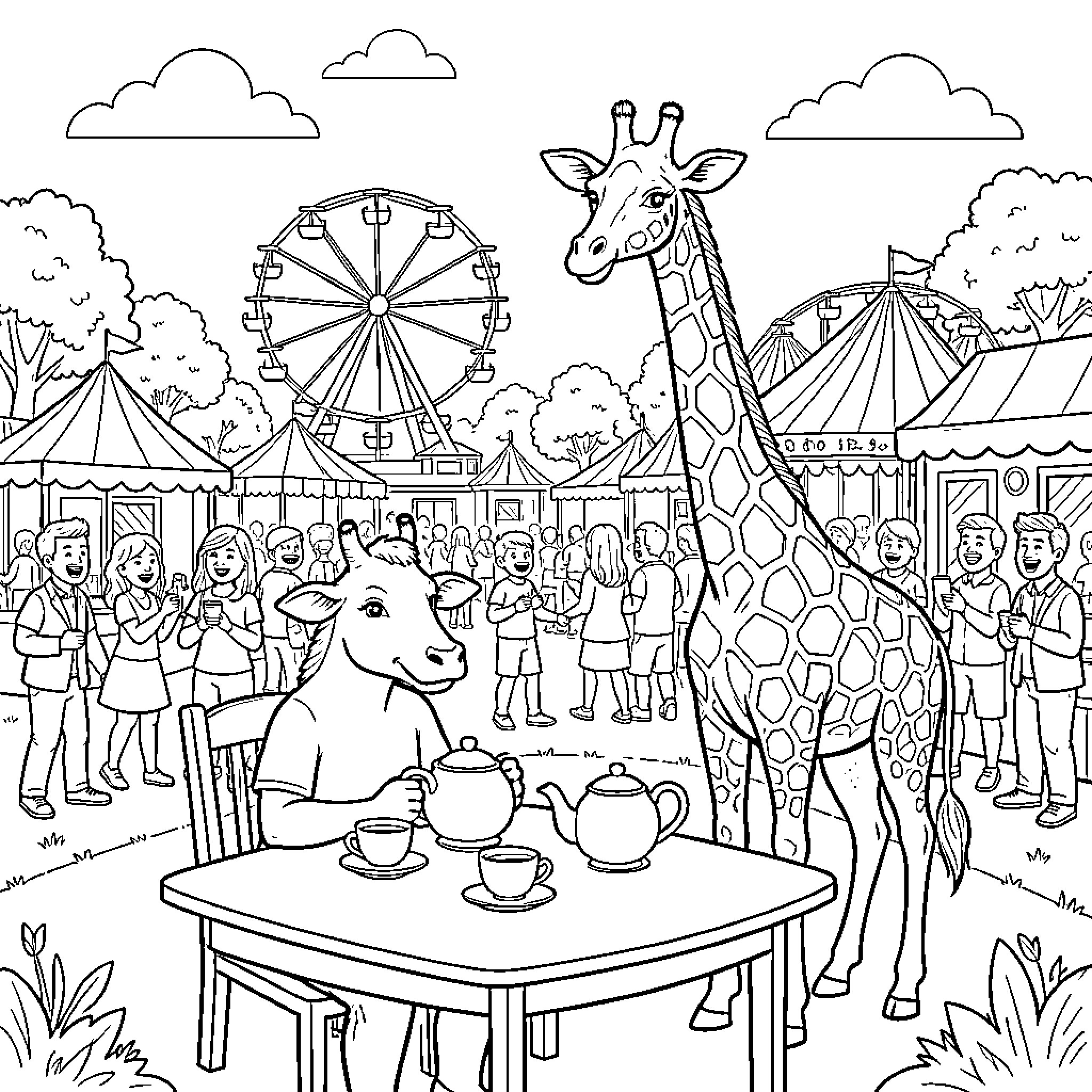 Vaca's Whimsical Carnival Adventure Coloring Page (free black-and-white line drawing printable PDF for all, from beginners to advanced learners, including children, teens, adults, and seniors)