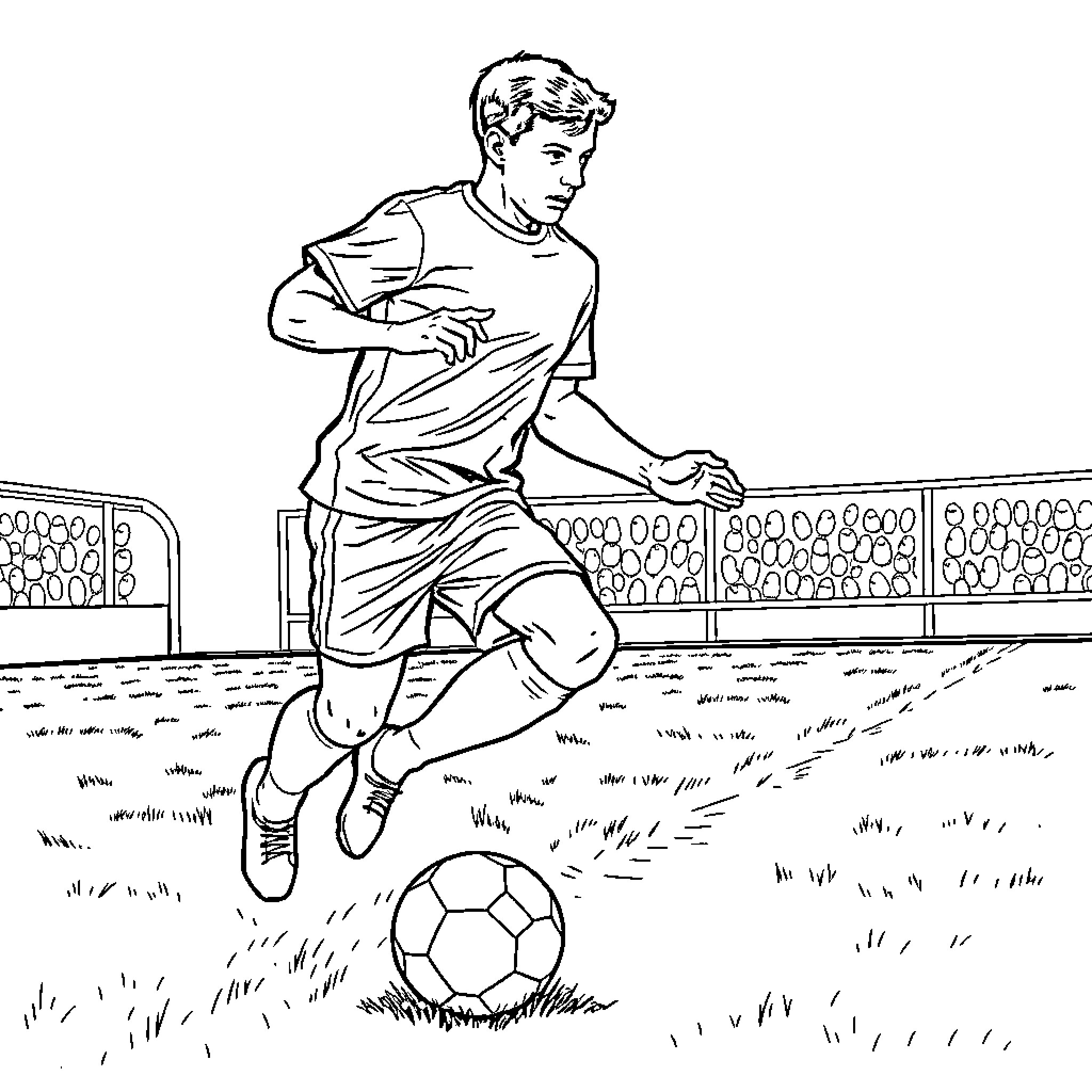 Footballer in action on the field Coloring Page (free black-and-white line drawing printable PDF for all, from beginners to advanced learners, including children, teens, adults, and seniors)