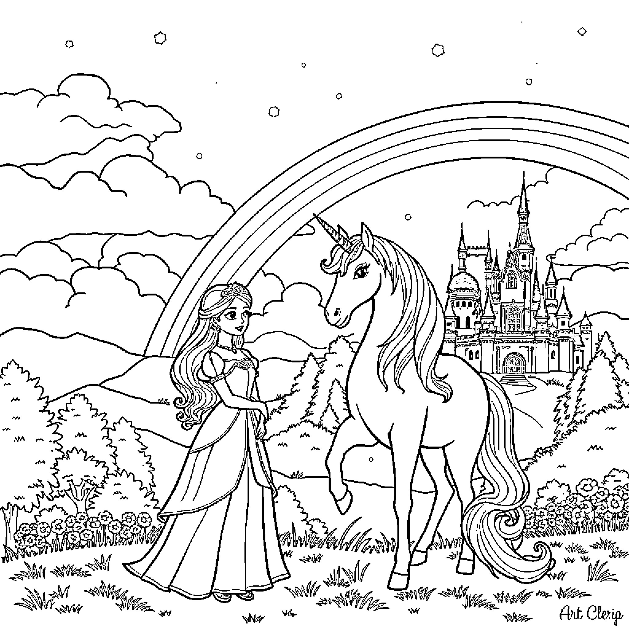 Princess in a Magical Kingdom with Unicorn Coloring Page (free black-and-white line drawing printable PDF for all, from beginners to advanced learners, including children, teens, adults, and seniors)