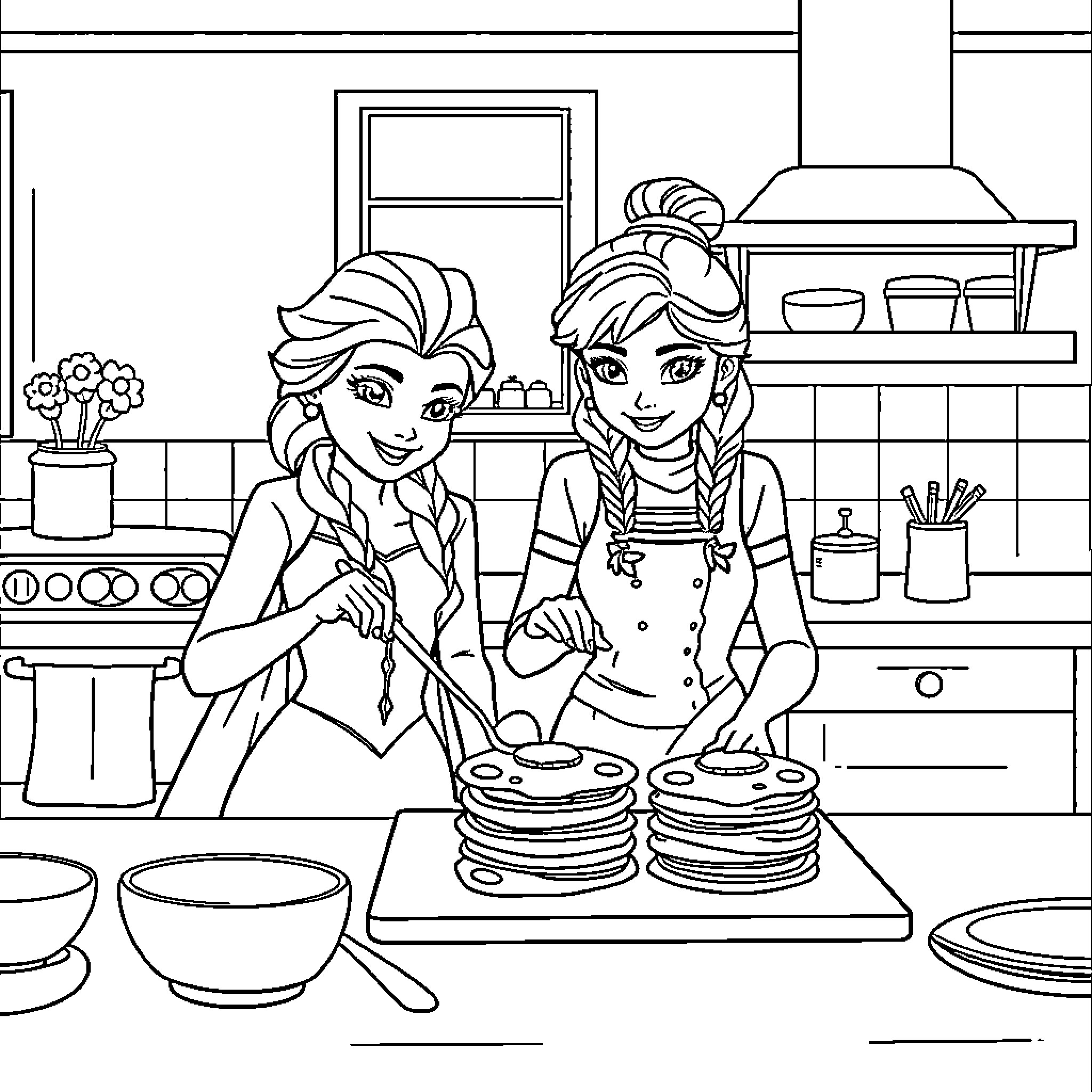 Elsa and Anna cooking and baking together in the kitchen Coloring Page (free black-and-white line drawing printable PDF for all, from beginners to advanced learners, including children, teens, adults, and seniors)