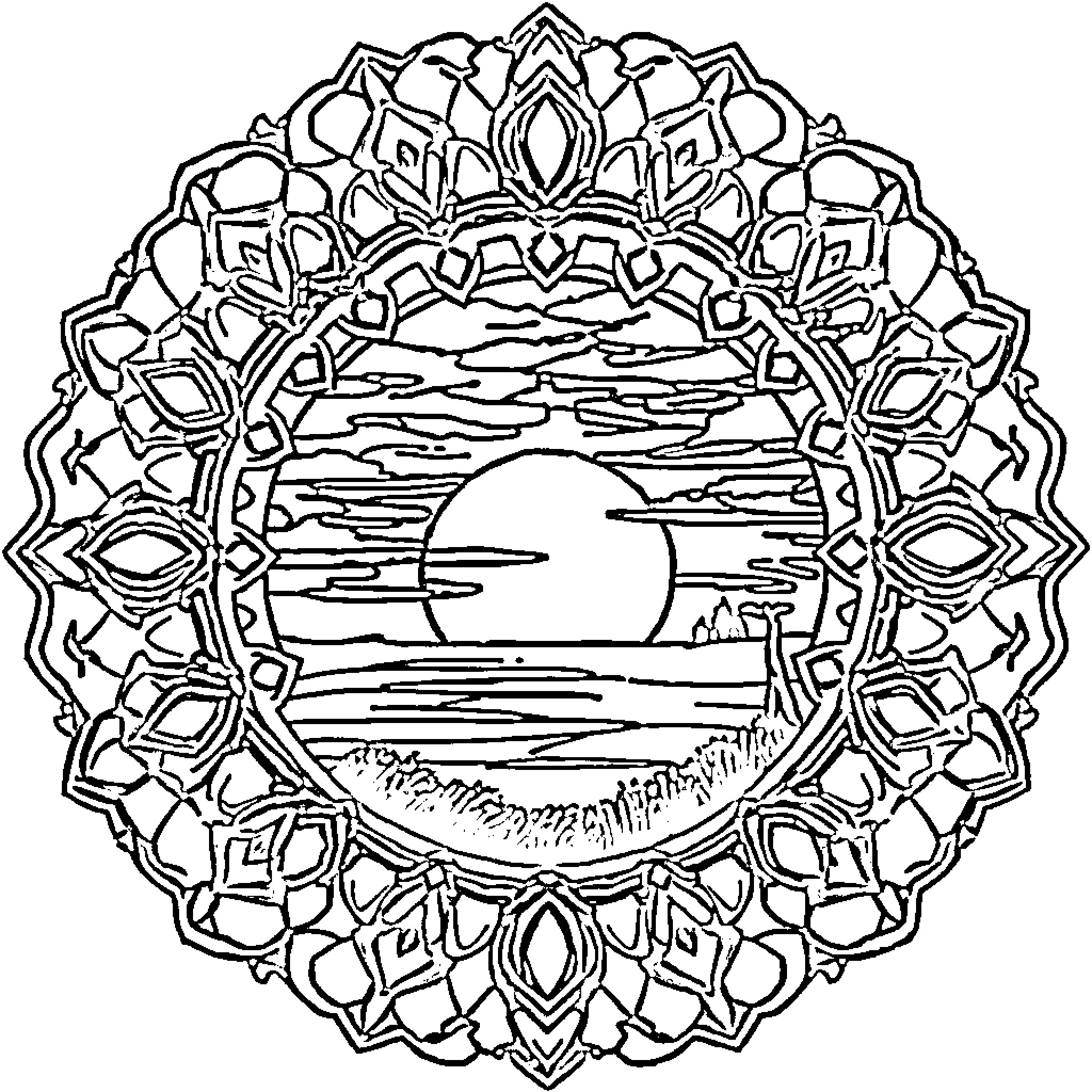 Sunset landscape in mandala frame Coloring Page (free black-and-white line drawing printable PDF for all, from beginners to advanced learners, including children, teens, adults, and seniors)