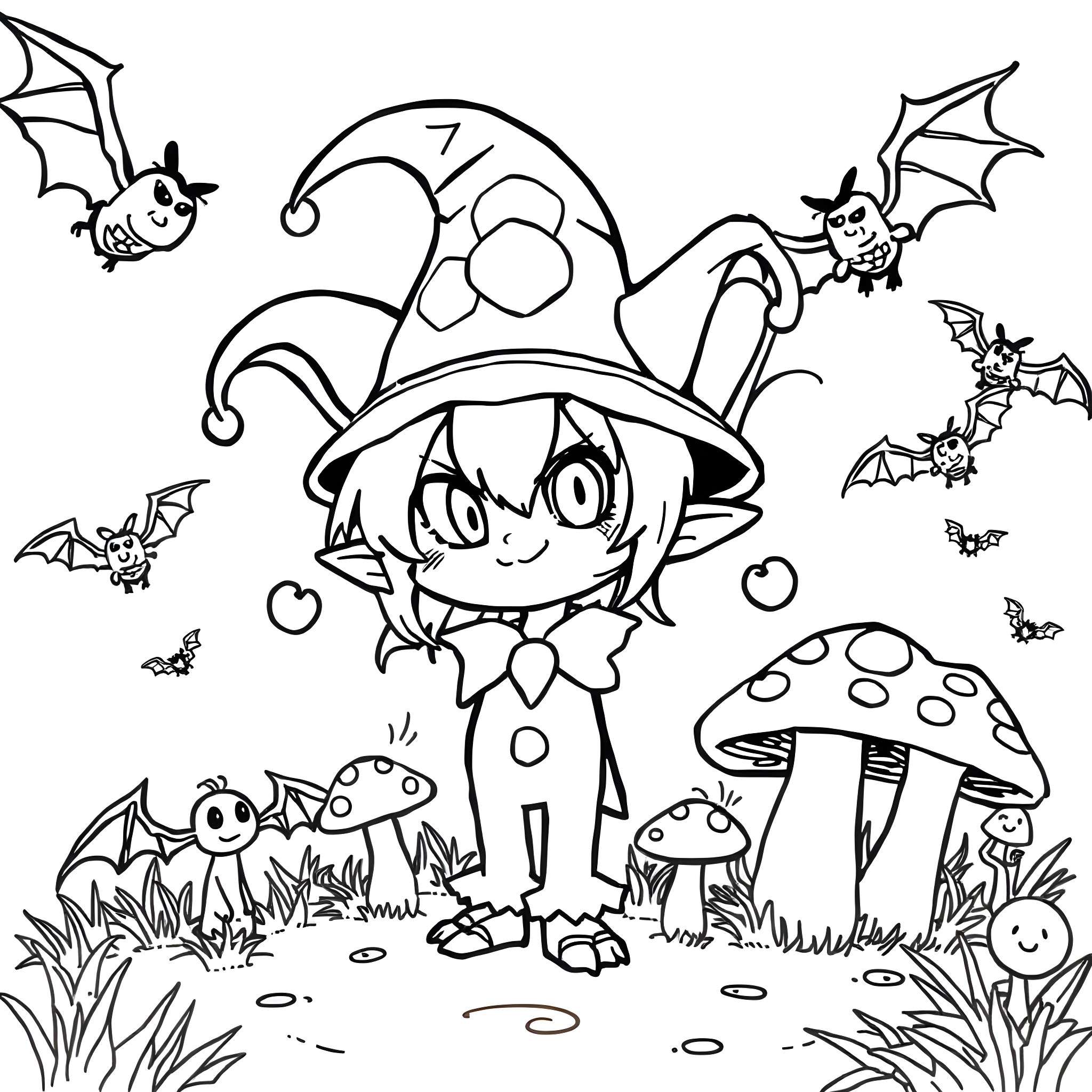Kuromi playing in the spooky forest with bats Coloring Page (free black-and-white line drawing printable PDF for all, from beginners to advanced learners, including children, teens, adults, and seniors)