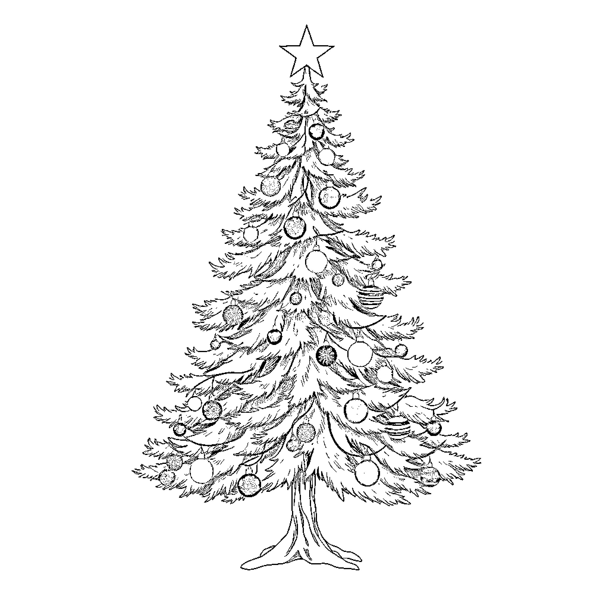 Christmas Tree with Ornaments and Decorations Coloring Page (free black-and-white line drawing printable PDF for all, from beginners to advanced learners, including children, teens, adults, and seniors)