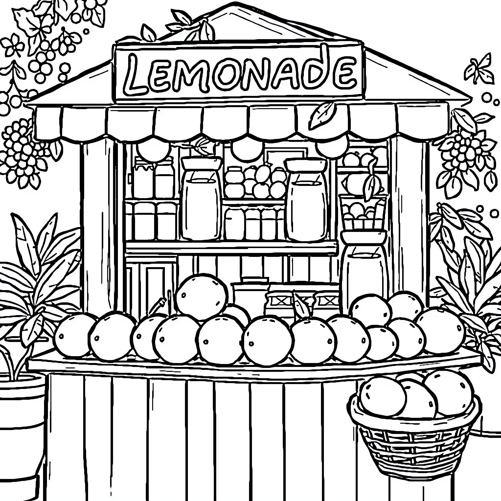 Lemonade Stand with Refreshing Treats Coloring Page (free black-and-white line drawing printable PDF for all, from beginners to advanced learners, including children, teens, adults, and seniors)