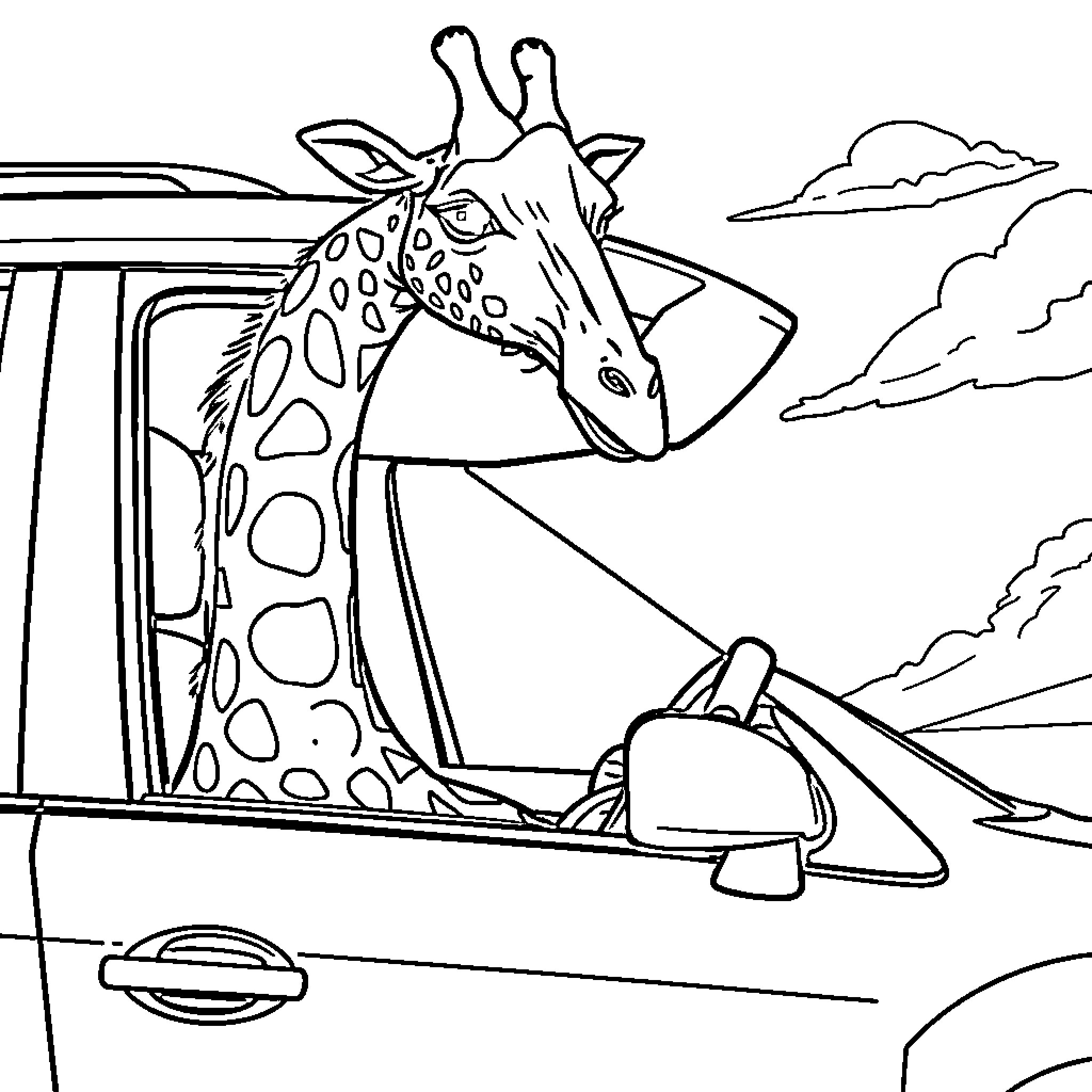 Giraffe riding in the car through the countryside Coloring Page (free black-and-white line drawing printable PDF for all, from beginners to advanced learners, including children, teens, adults, and seniors)