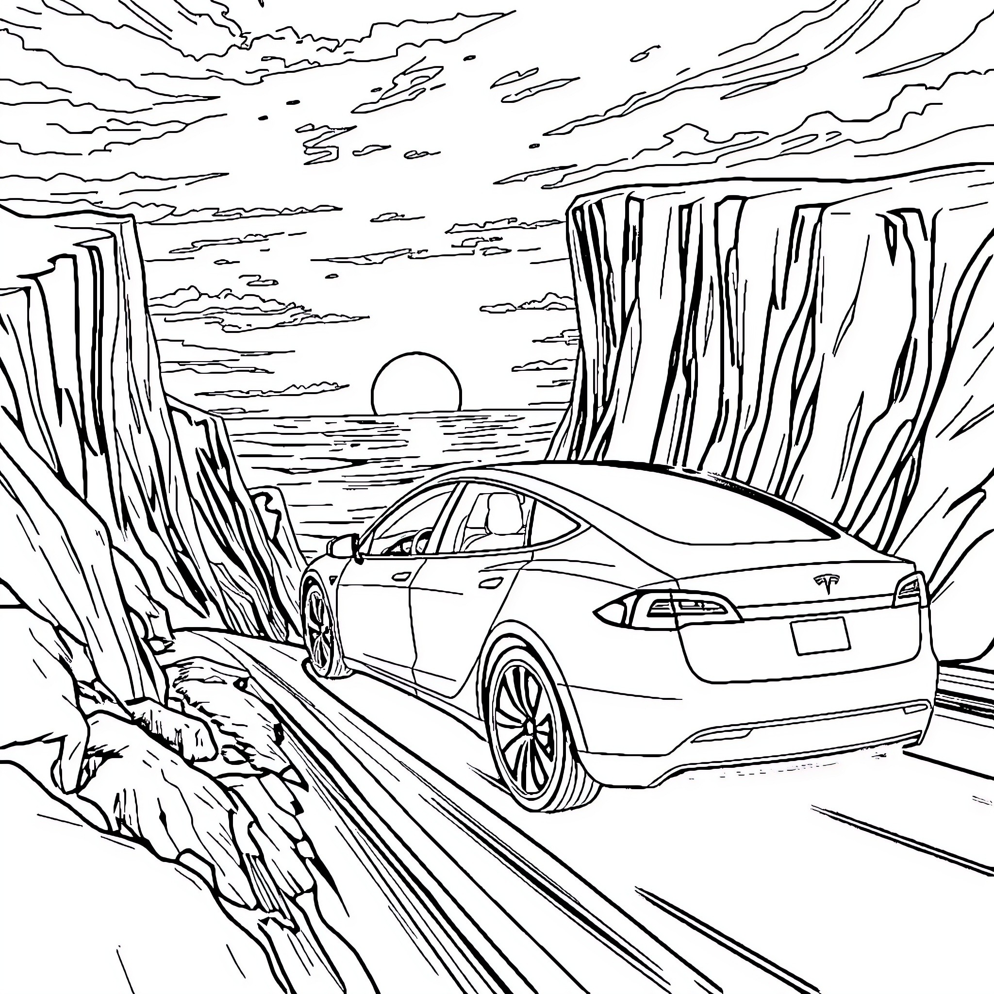 Tesla sedan driving through scenic landscape Coloring Page (free black-and-white line drawing printable PDF for all, from beginners to advanced learners, including children, teens, adults, and seniors)