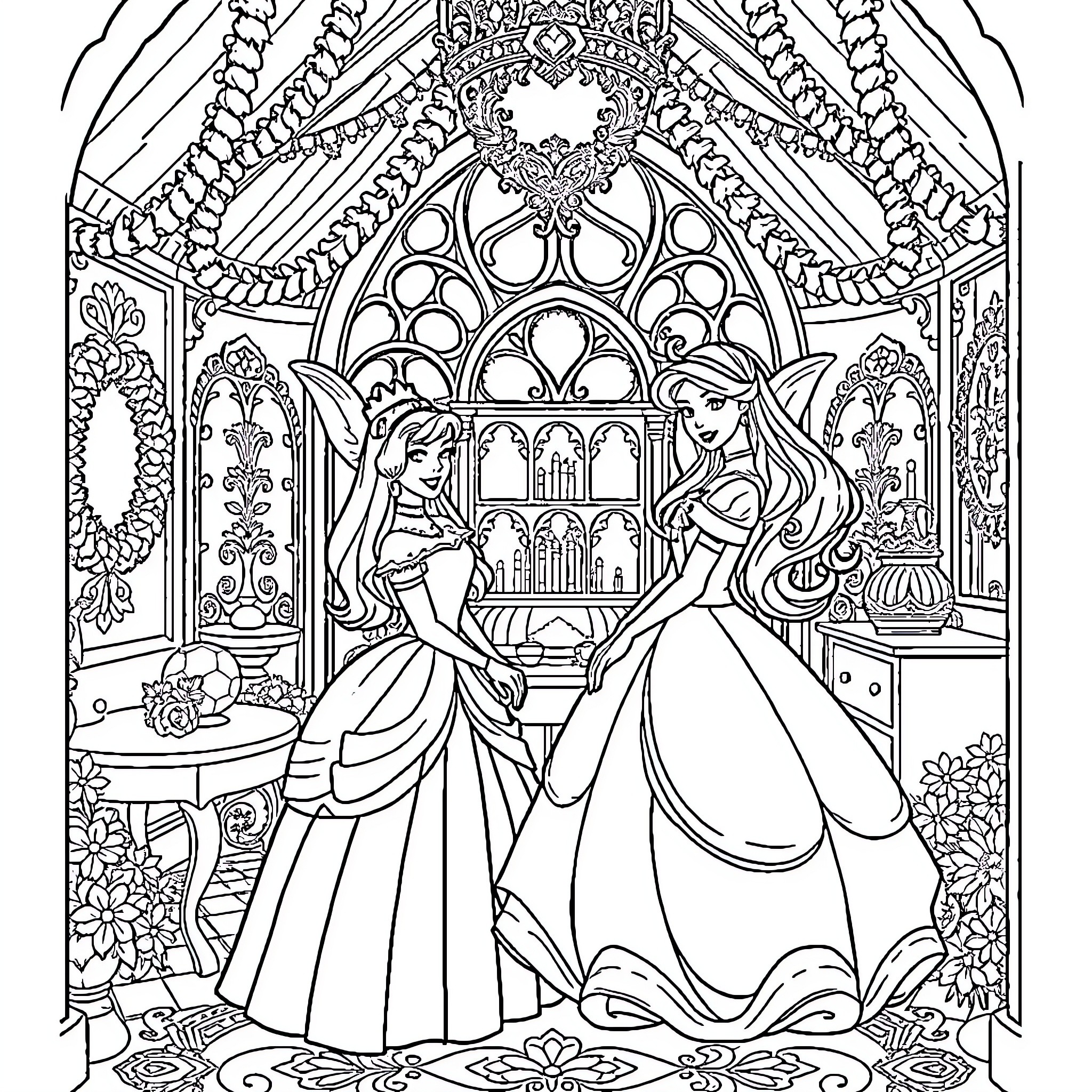 Princess in a Lavish Palace Scene Coloring Page (free black-and-white line drawing printable PDF for all, from beginners to advanced learners, including children, teens, adults, and seniors)