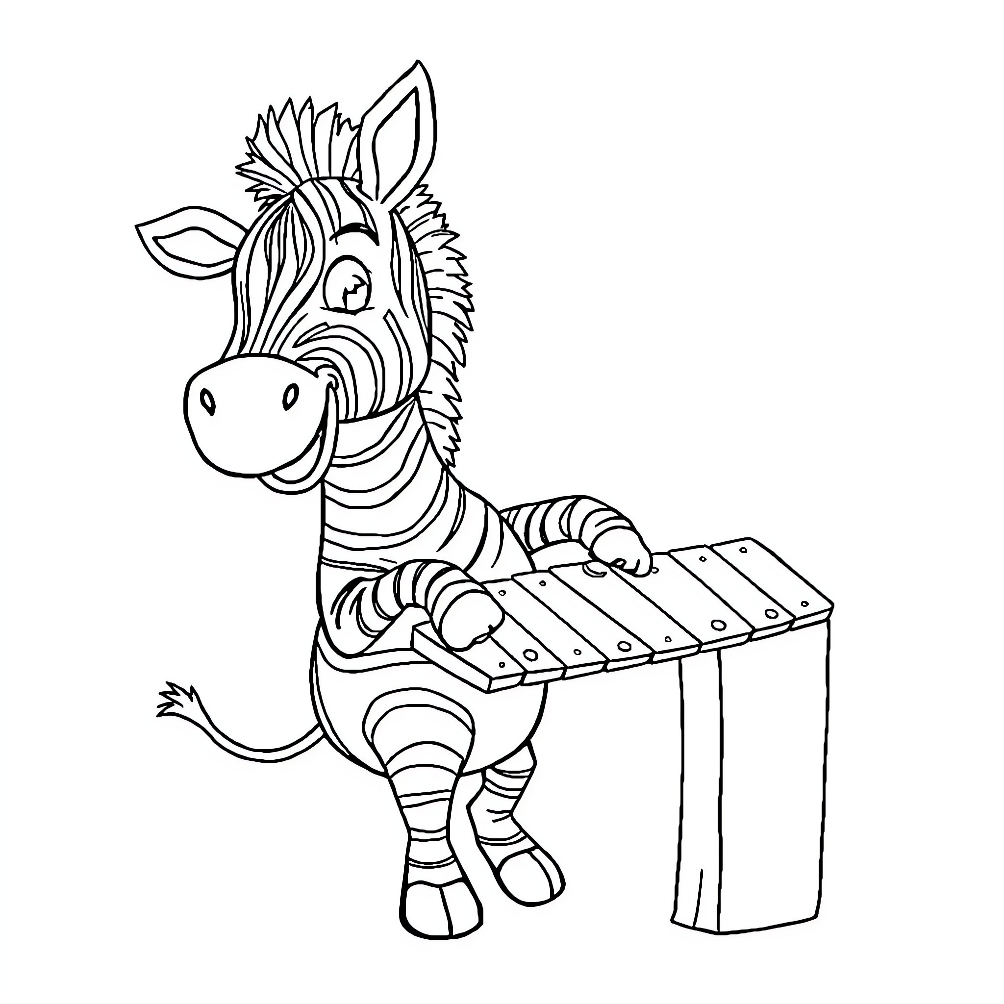Zebra playing with xylophone Coloring Page (free black-and-white line drawing printable PDF for all, from beginners to advanced learners, including children, teens, adults, and seniors)