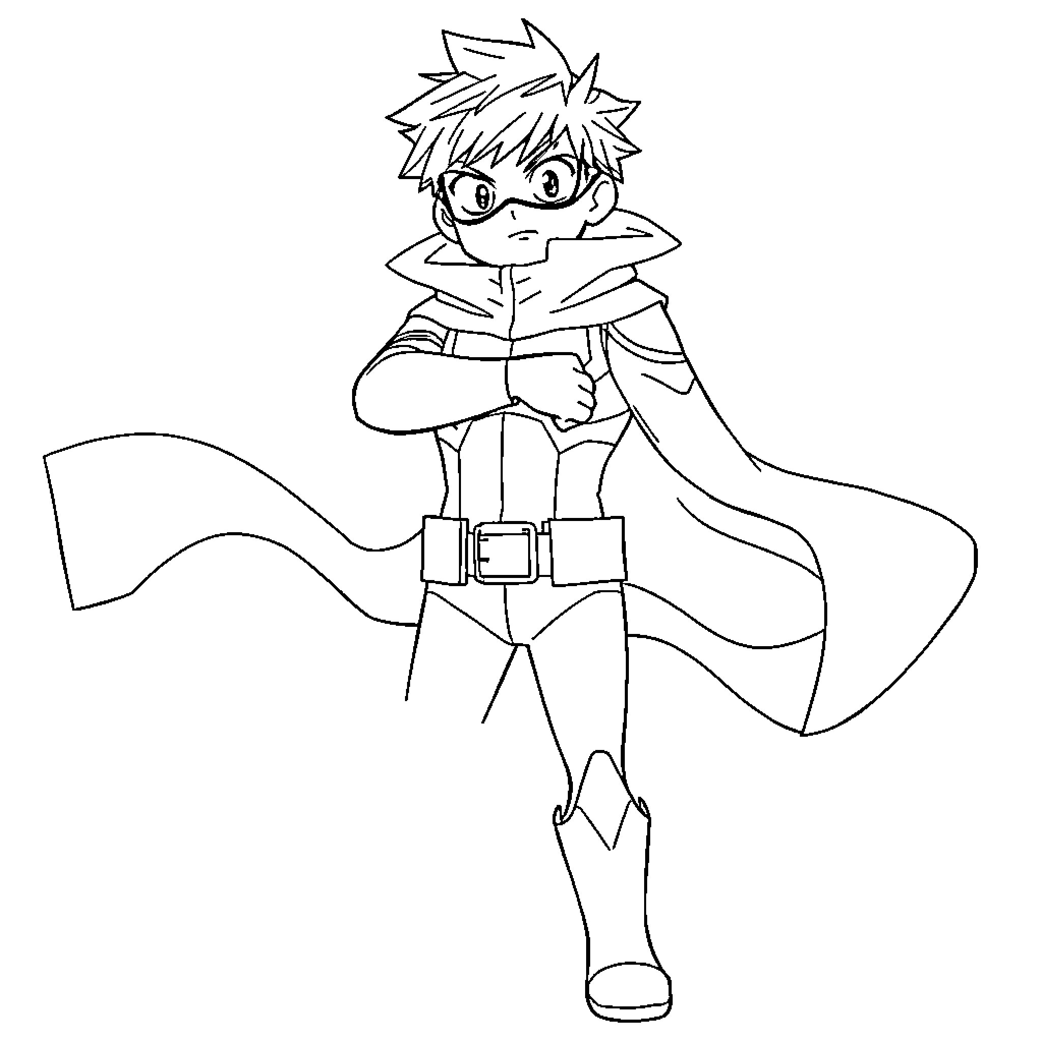 Tenya Iida dressed as a hero with determined expression Coloring Page (free black-and-white line drawing printable PDF for all, from beginners to advanced learners, including children, teens, adults, and seniors)