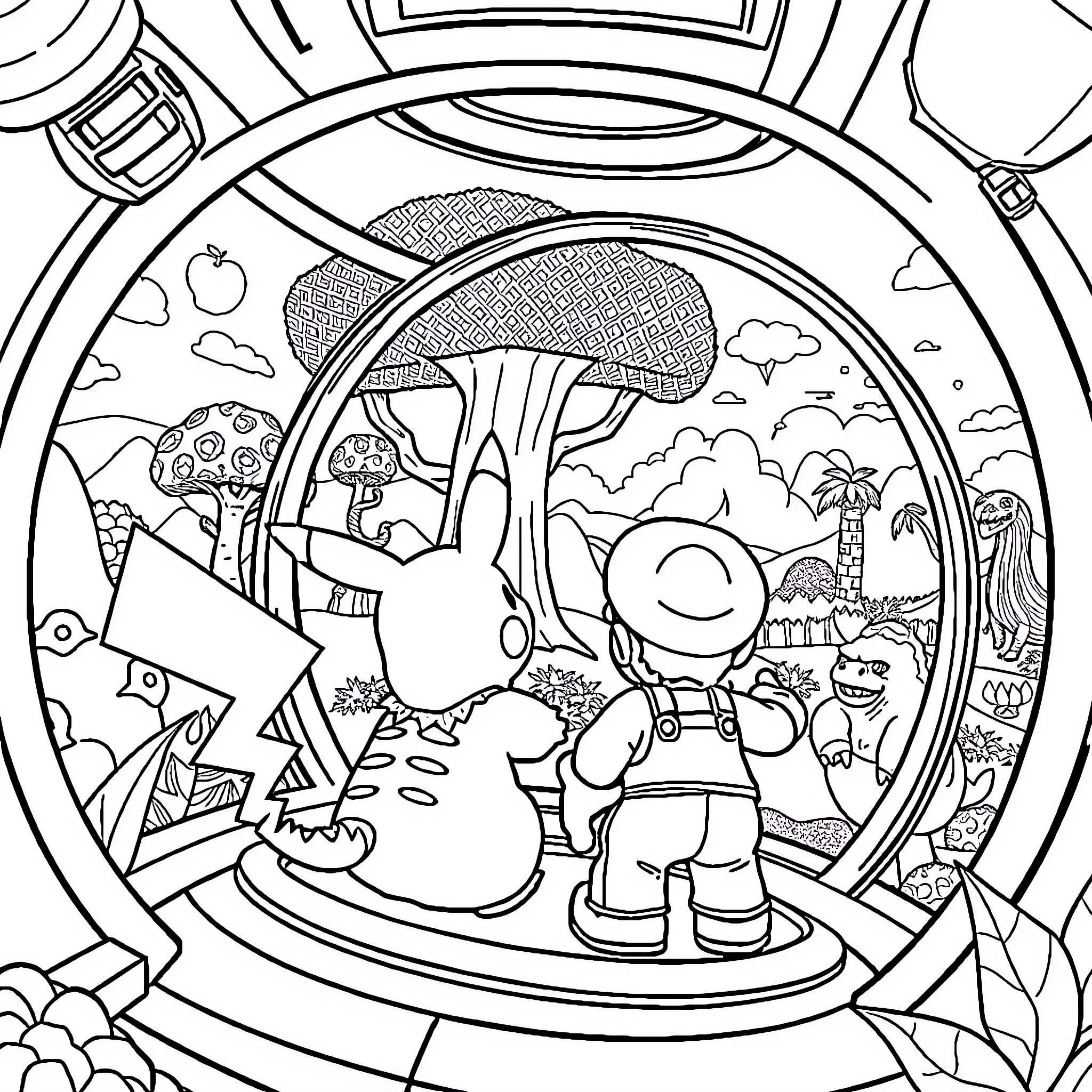 Pikachu's Adventure in a Whimsical World Coloring Page (free black-and-white line drawing printable PDF for all, from beginners to advanced learners, including children, teens, adults, and seniors)