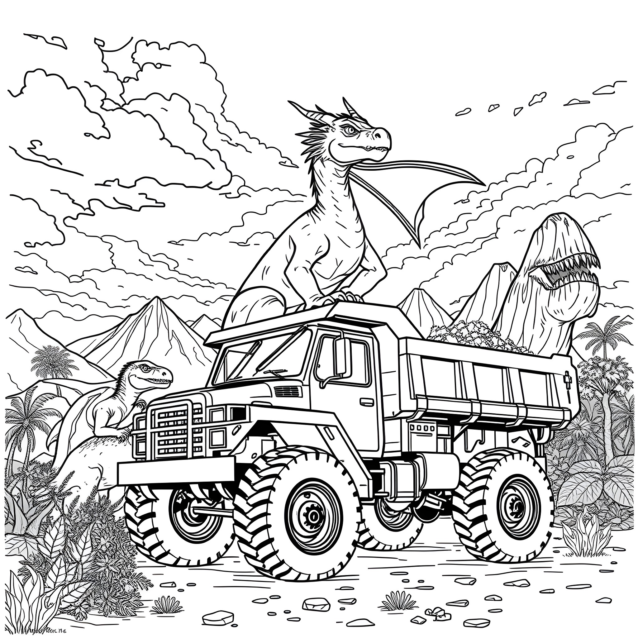 Dragon Riding Atop Mighty Truck in Rugged Landscape Coloring Page (free black-and-white line drawing printable PDF for all, from beginners to advanced learners, including children, teens, adults, and seniors)