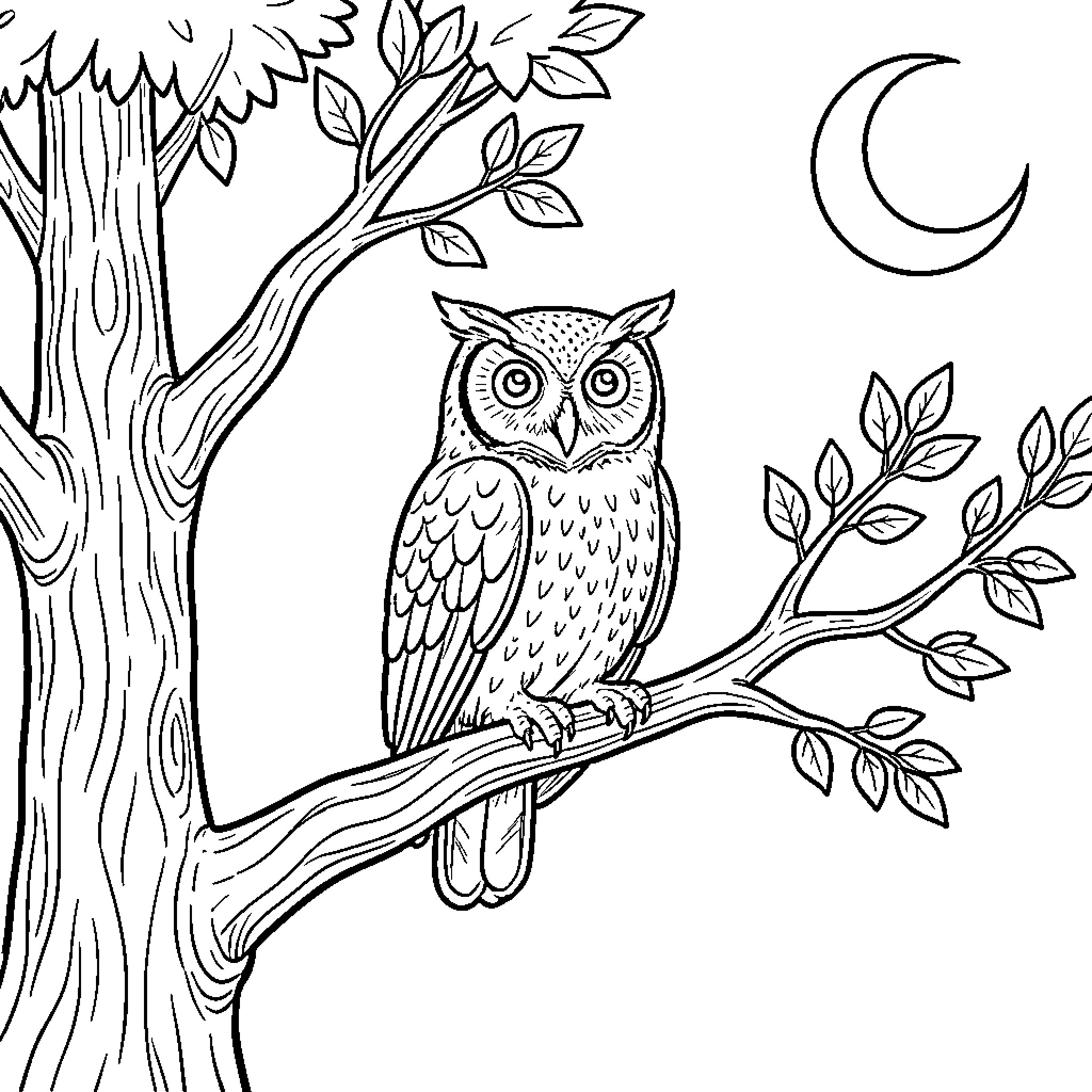 Owl perched on a tree branch at night Coloring Page (free black-and-white line drawing printable PDF for all, from beginners to advanced learners, including children, teens, adults, and seniors)