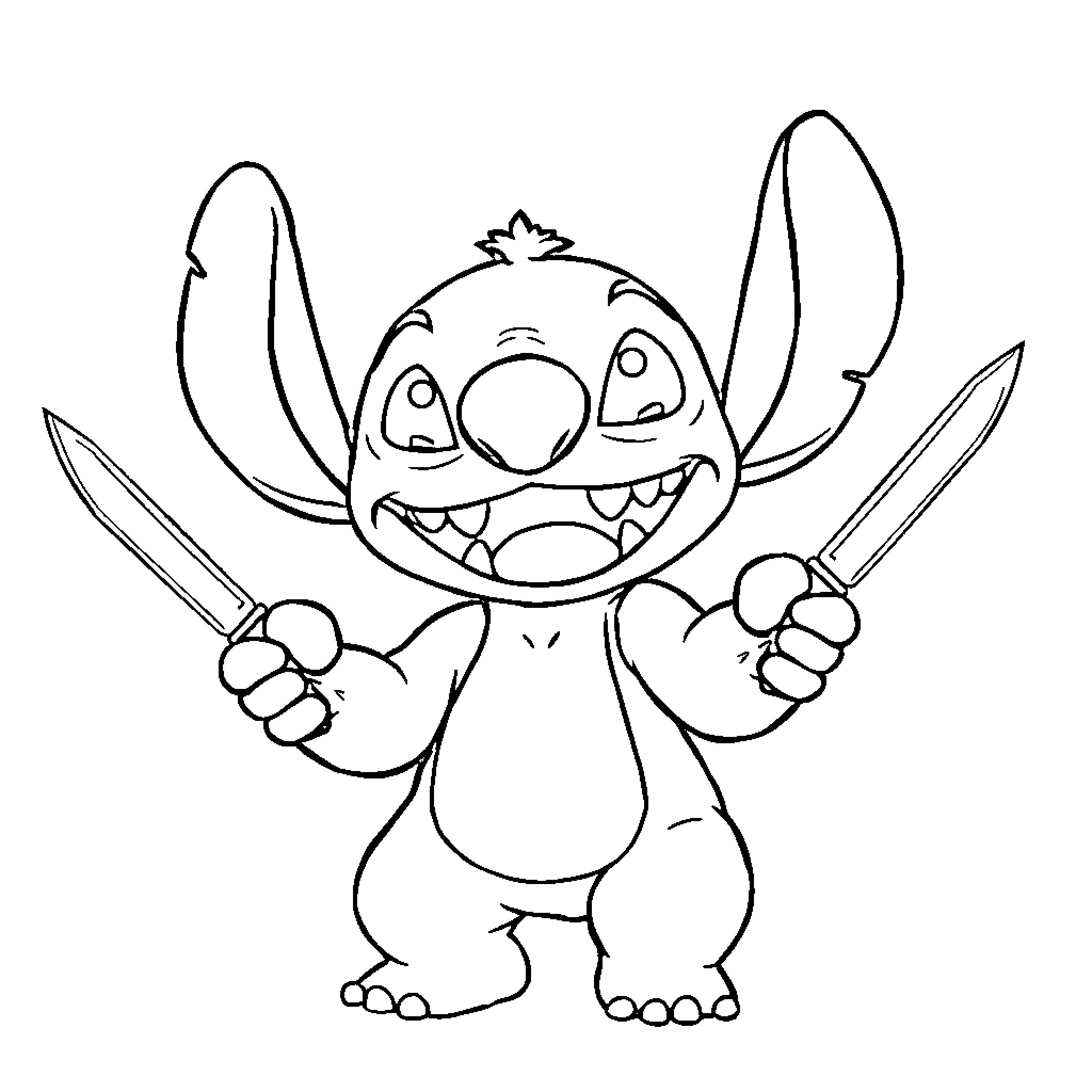 Stitch wielding dual swords with a mischievous expression Coloring Page (free black-and-white line drawing printable PDF for all, from beginners to advanced learners, including children, teens, adults, and seniors)
