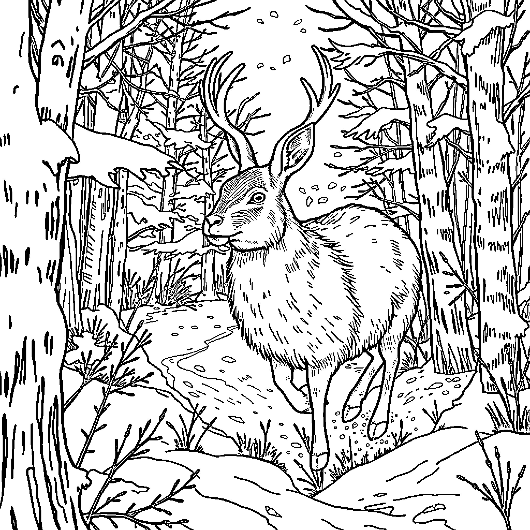 Hare Amidst Intricate Forest Landscape Coloring Page (free black-and-white line drawing printable PDF for all, from beginners to advanced learners, including children, teens, adults, and seniors)