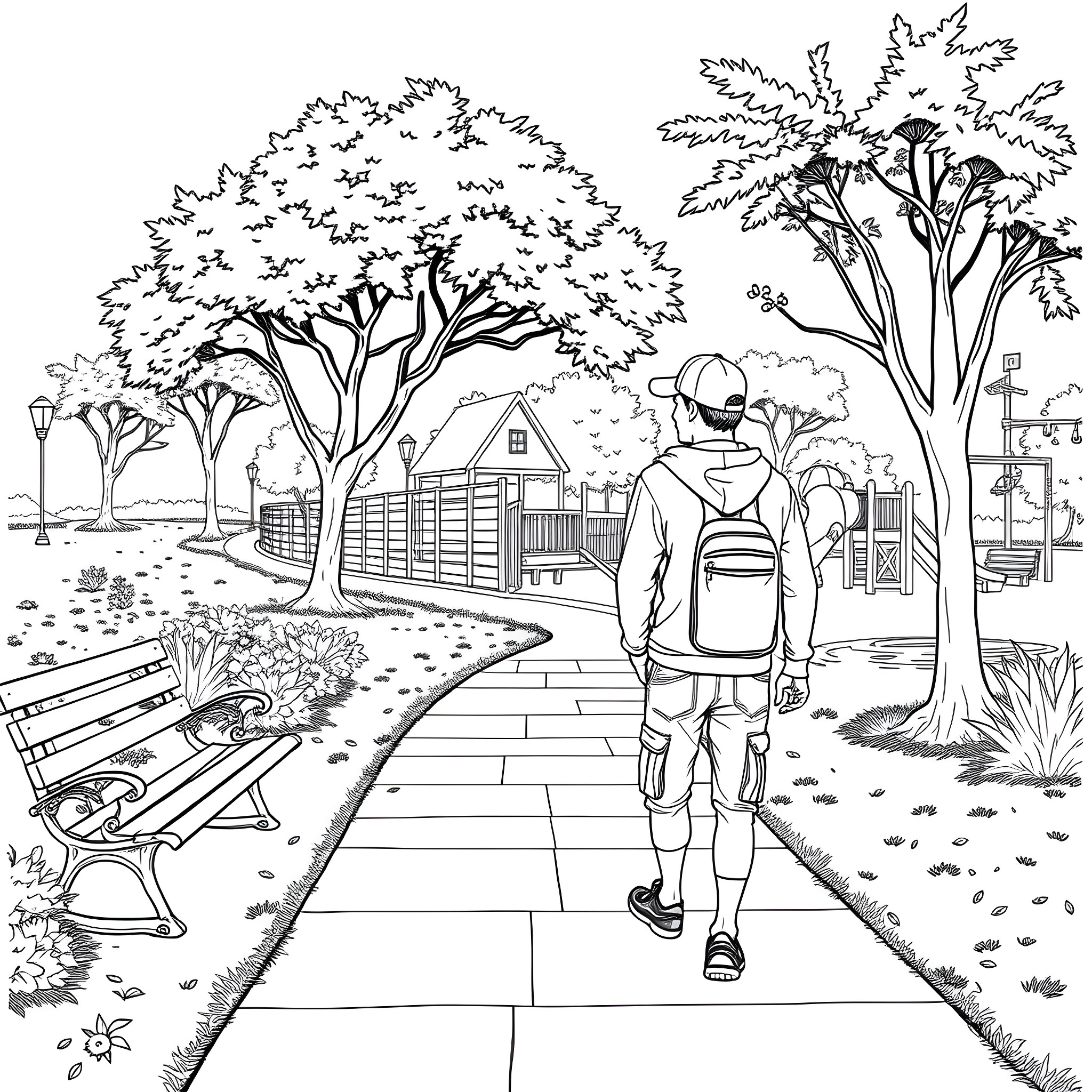 Teen Guy Walking Alone in a Park Pathway Coloring Page (free black-and-white line drawing printable PDF for all, from beginners to advanced learners, including children, teens, adults, and seniors)