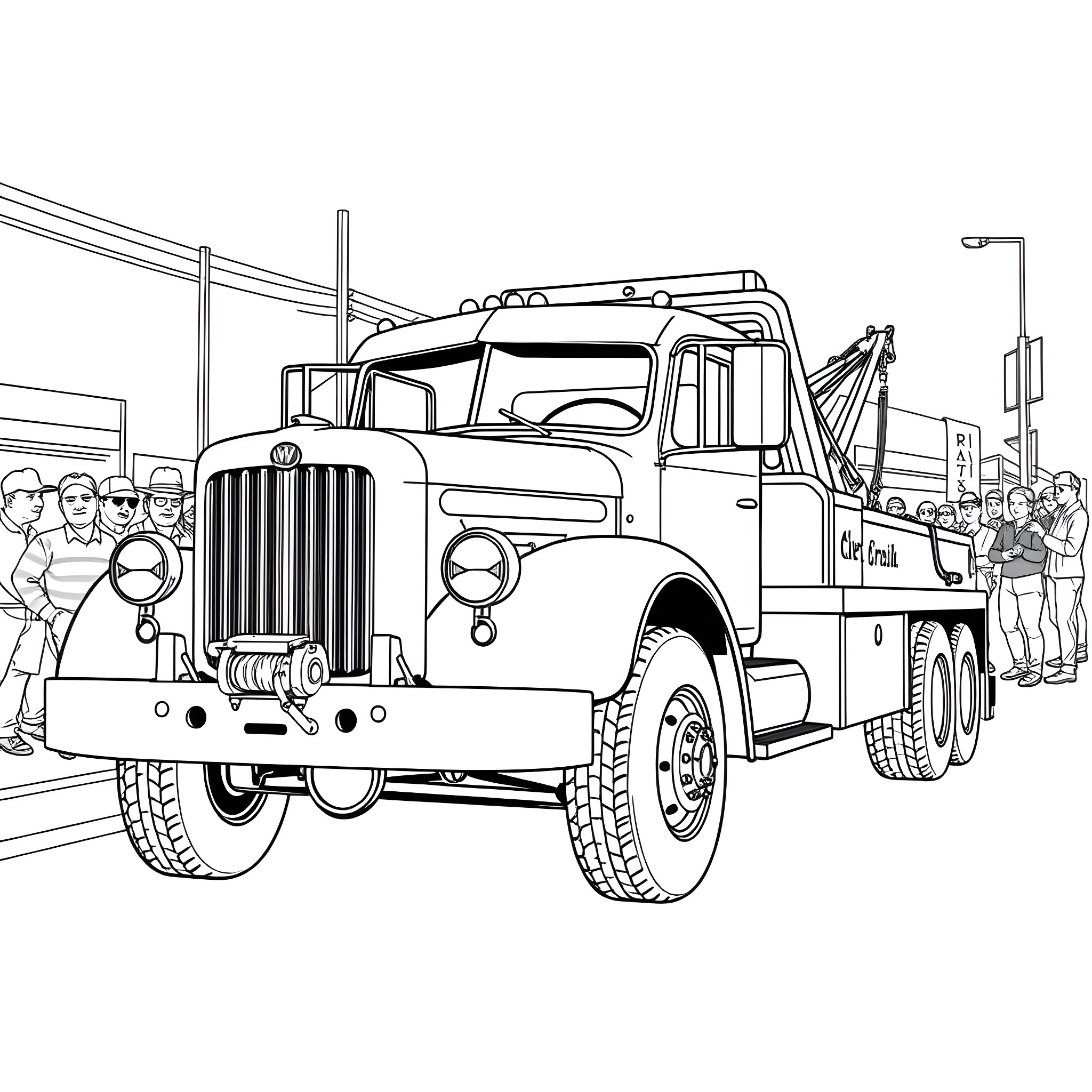 Tow Truck Rescuing Broken Down Vehicle on the Street Coloring Page (free black-and-white line drawing printable PDF for all, from beginners to advanced learners, including children, teens, adults, and seniors)