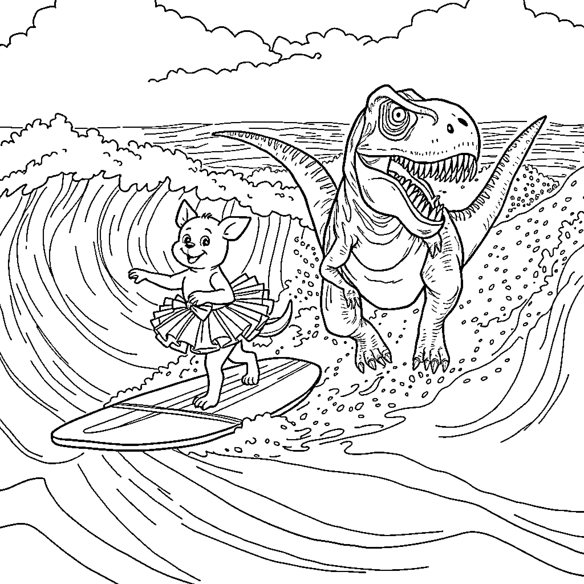 Dog Surfs With Dinosaur In Waves Coloring Page (free black-and-white line drawing printable PDF for all, from beginners to advanced learners, including children, teens, adults, and seniors)