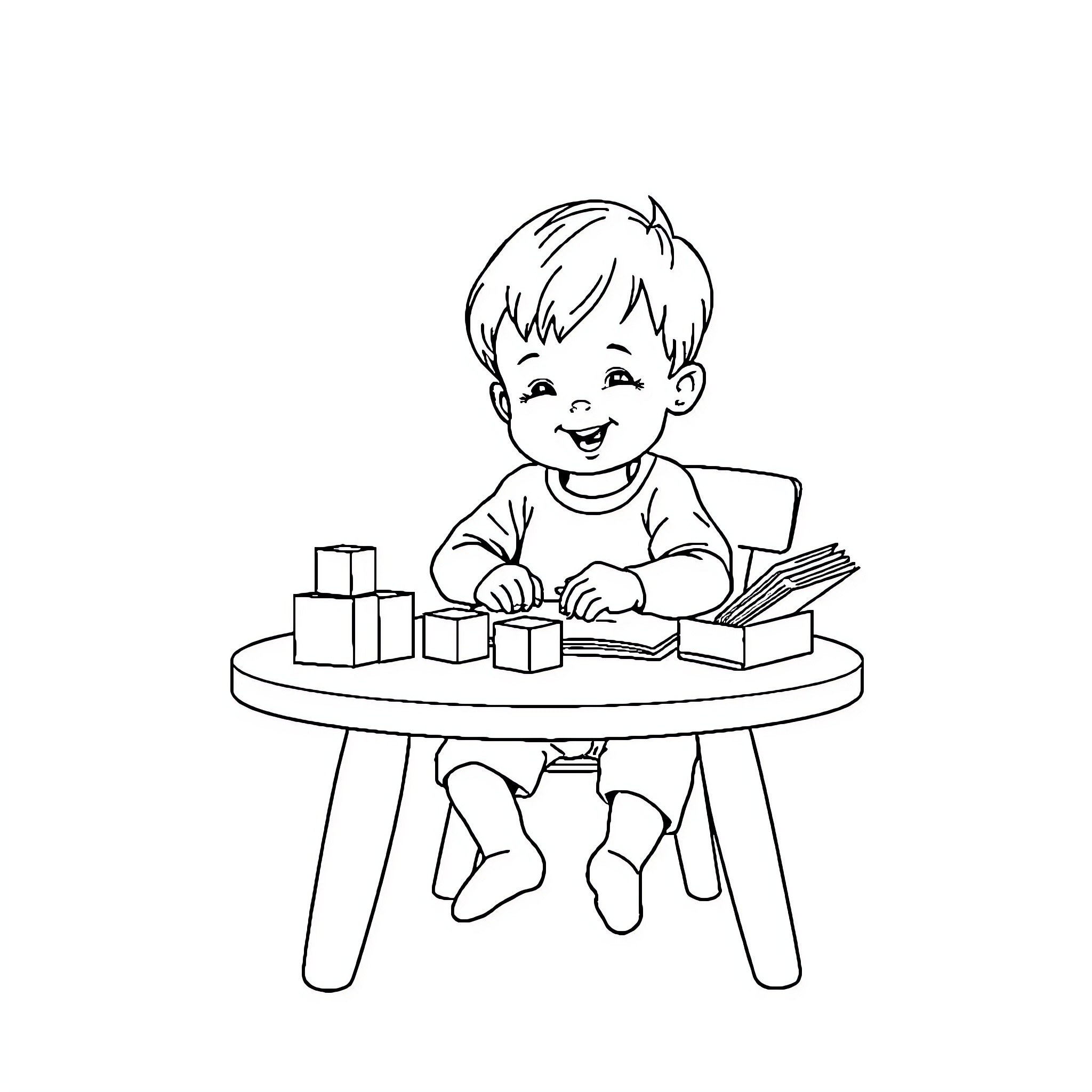 Toddler playing happily with blocks and books Coloring Page (free black-and-white line drawing printable PDF for all, from beginners to advanced learners, including children, teens, adults, and seniors)